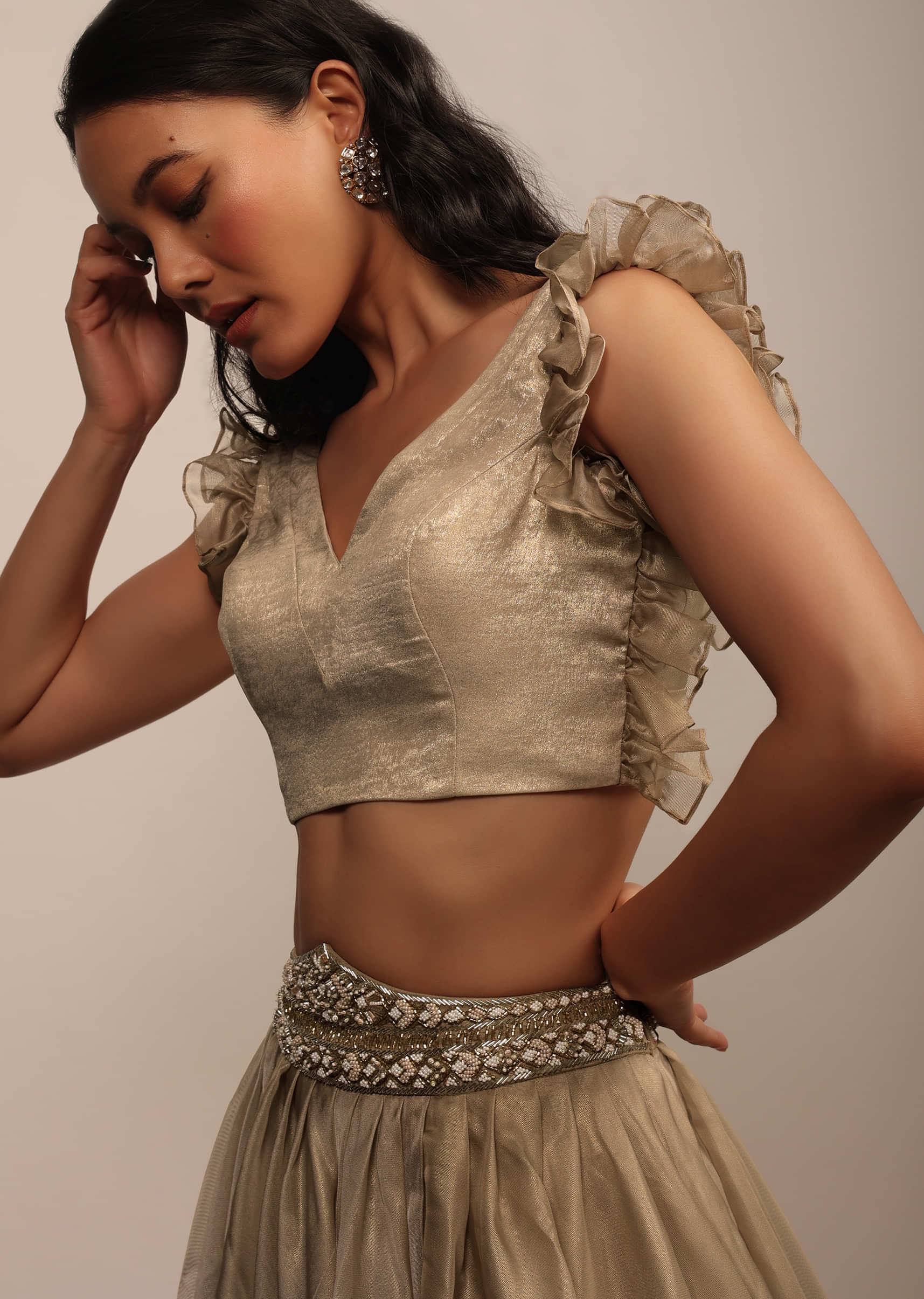 Golden Sleeveless Blouse In Satin Glam Gold With Ruffle Sleeve Frill