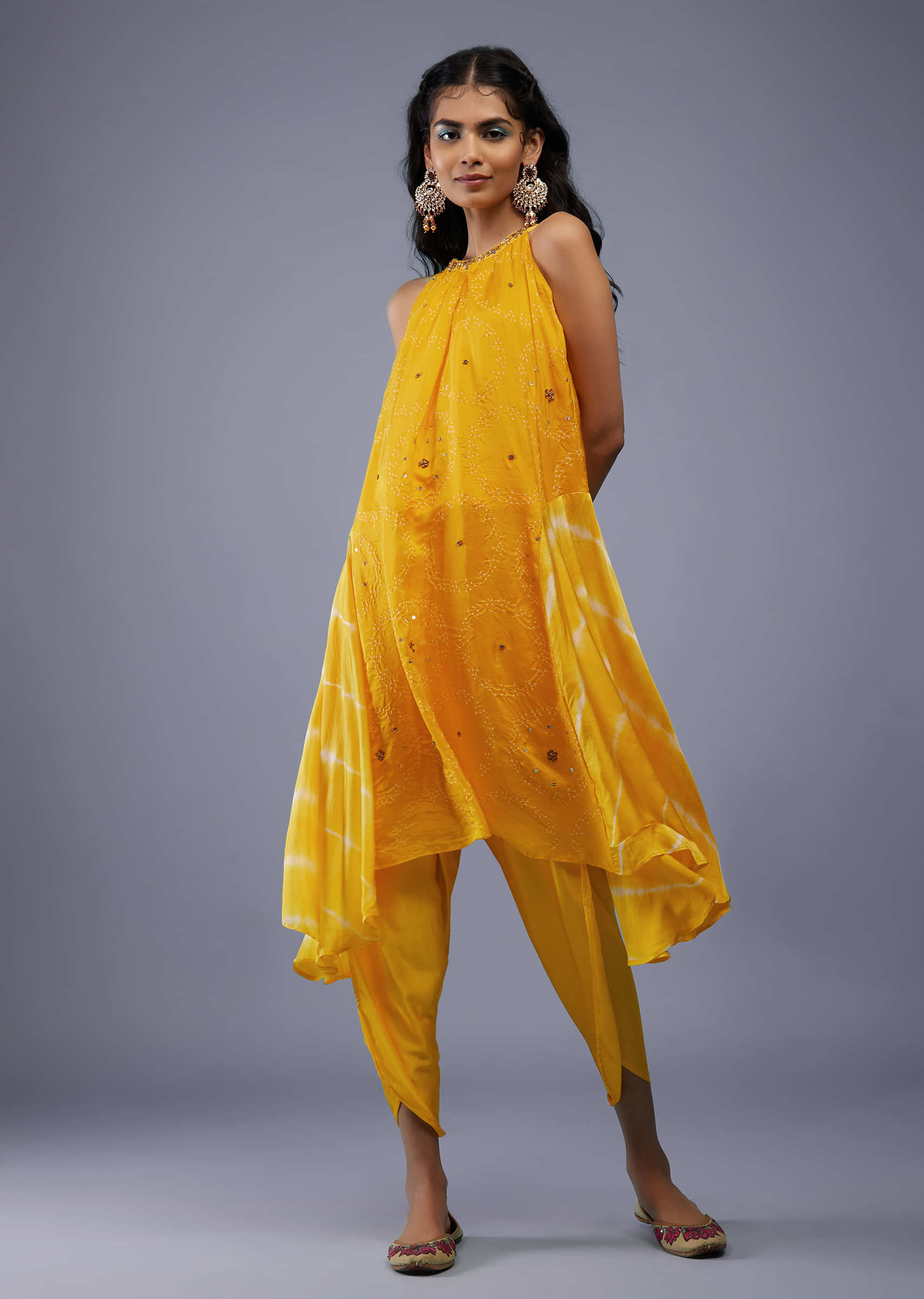 Cyber Yellow Bandhani Tunic Top In Silk With Printed Silk Dhoti Pants