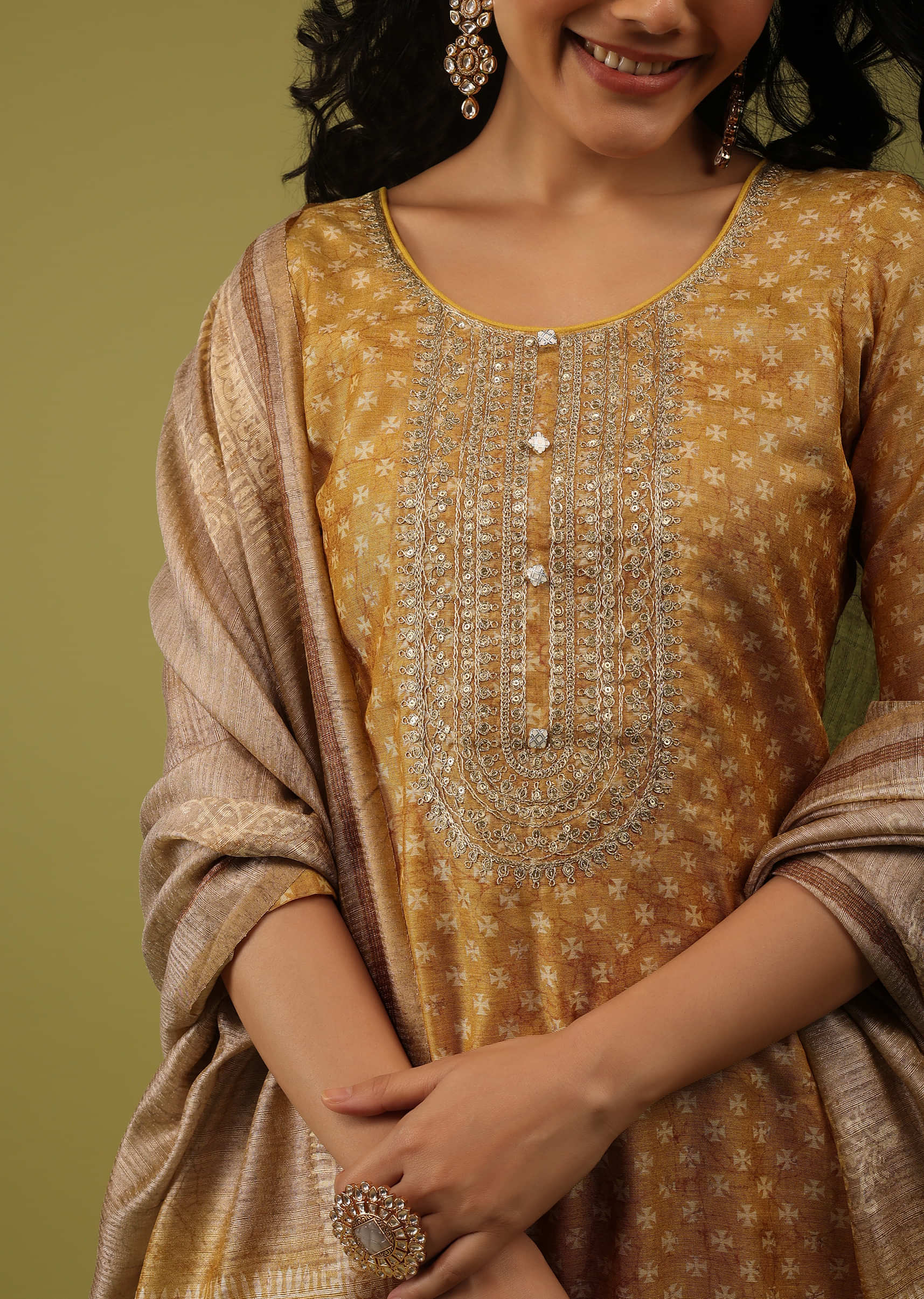 Golden Yellow Printed Palazzo Suit In Chanderi With Embroidery