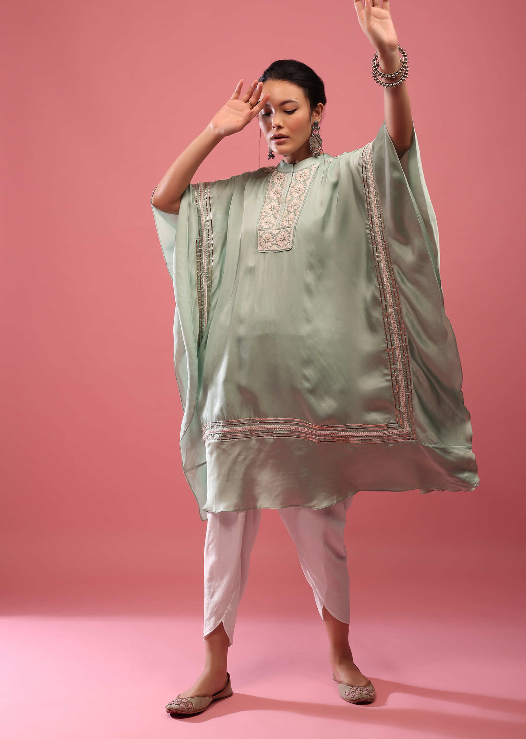 Powder Green Kaftan Suit Embroidered In Satin With Dhoti Pants