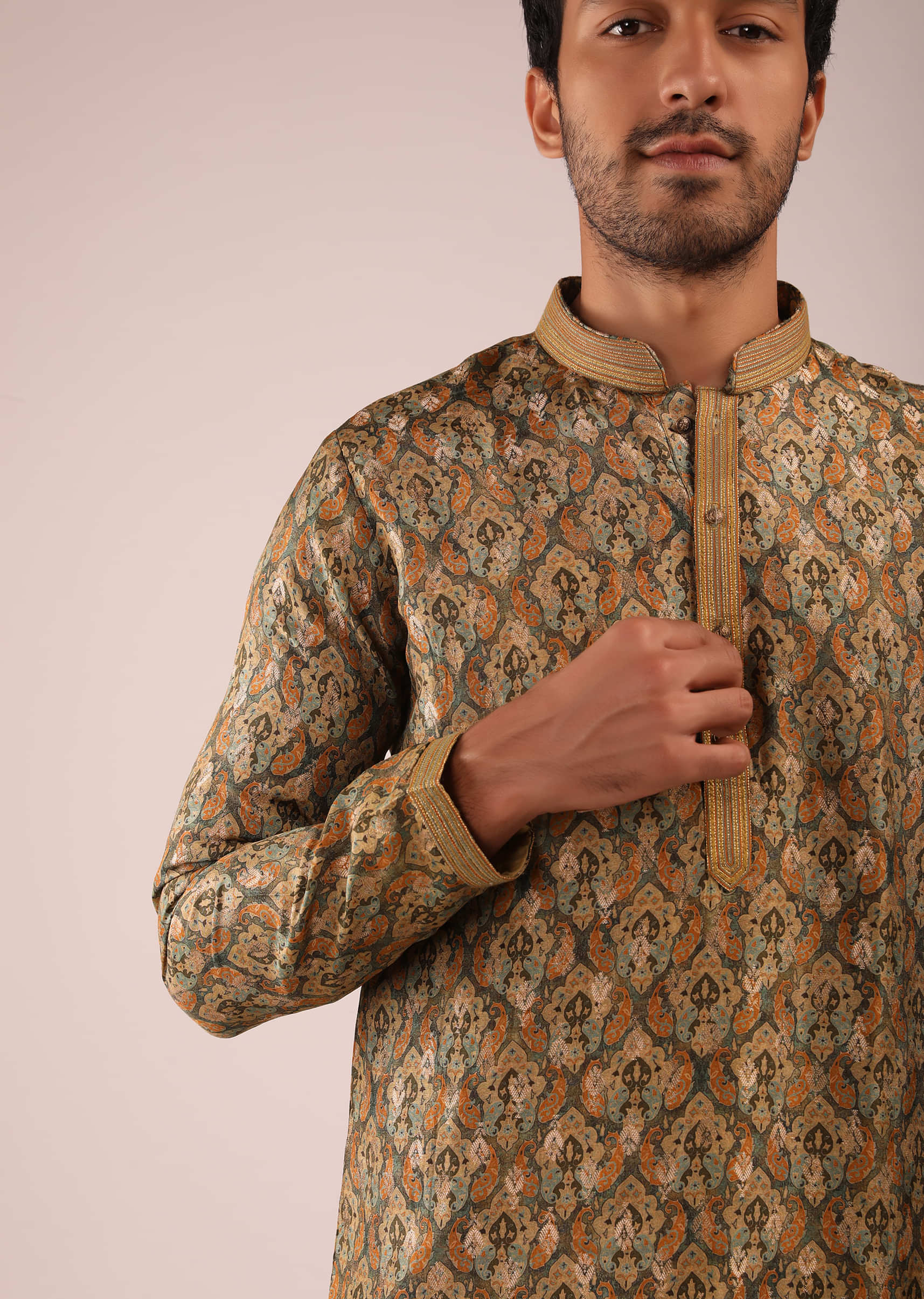 Gothic Olive Kurta Set In Brocade Silk With Earthy Colored Block Printed Moroccan Jaal
