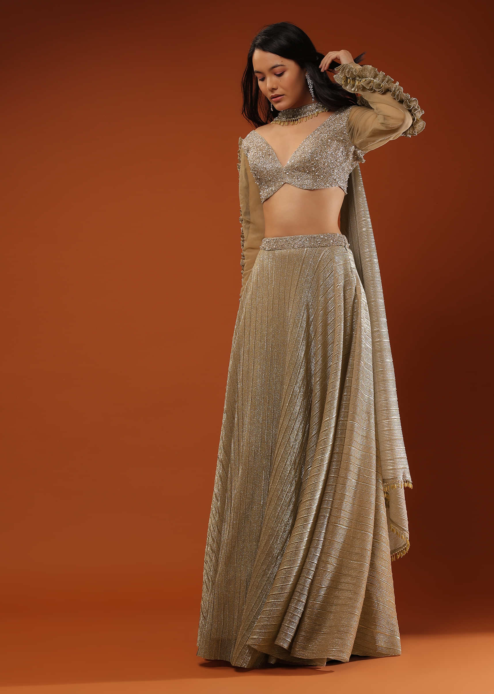 Gothic Olive Lehenga And A Crop Top Set In Shimmer Crush, Crop Top Comesi In Full Sleeves With  Afrill On The Top