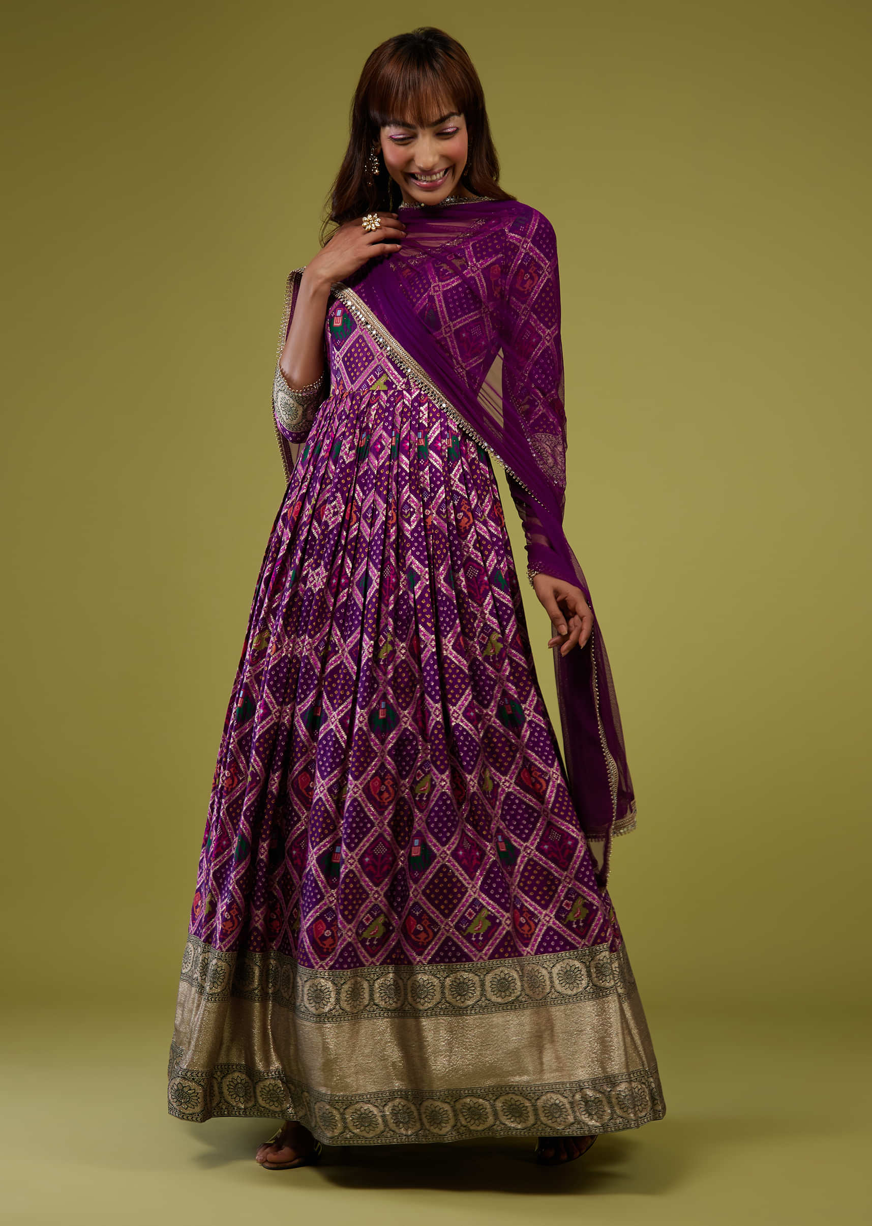 Grape Purple Silk Anarkali Suit With Banarasi Zari Border