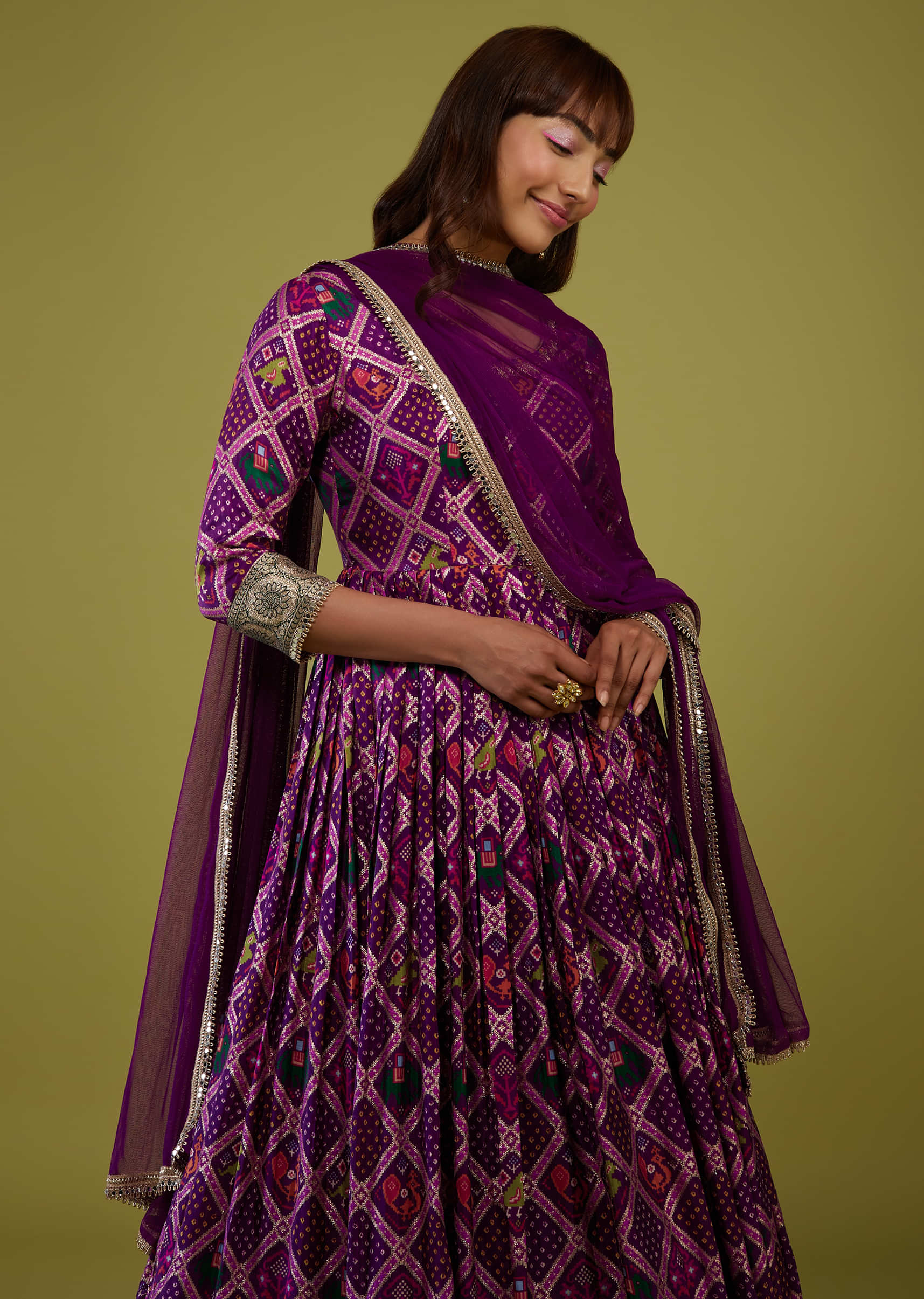 Grape Purple Silk Anarkali Suit With Banarasi Zari Border