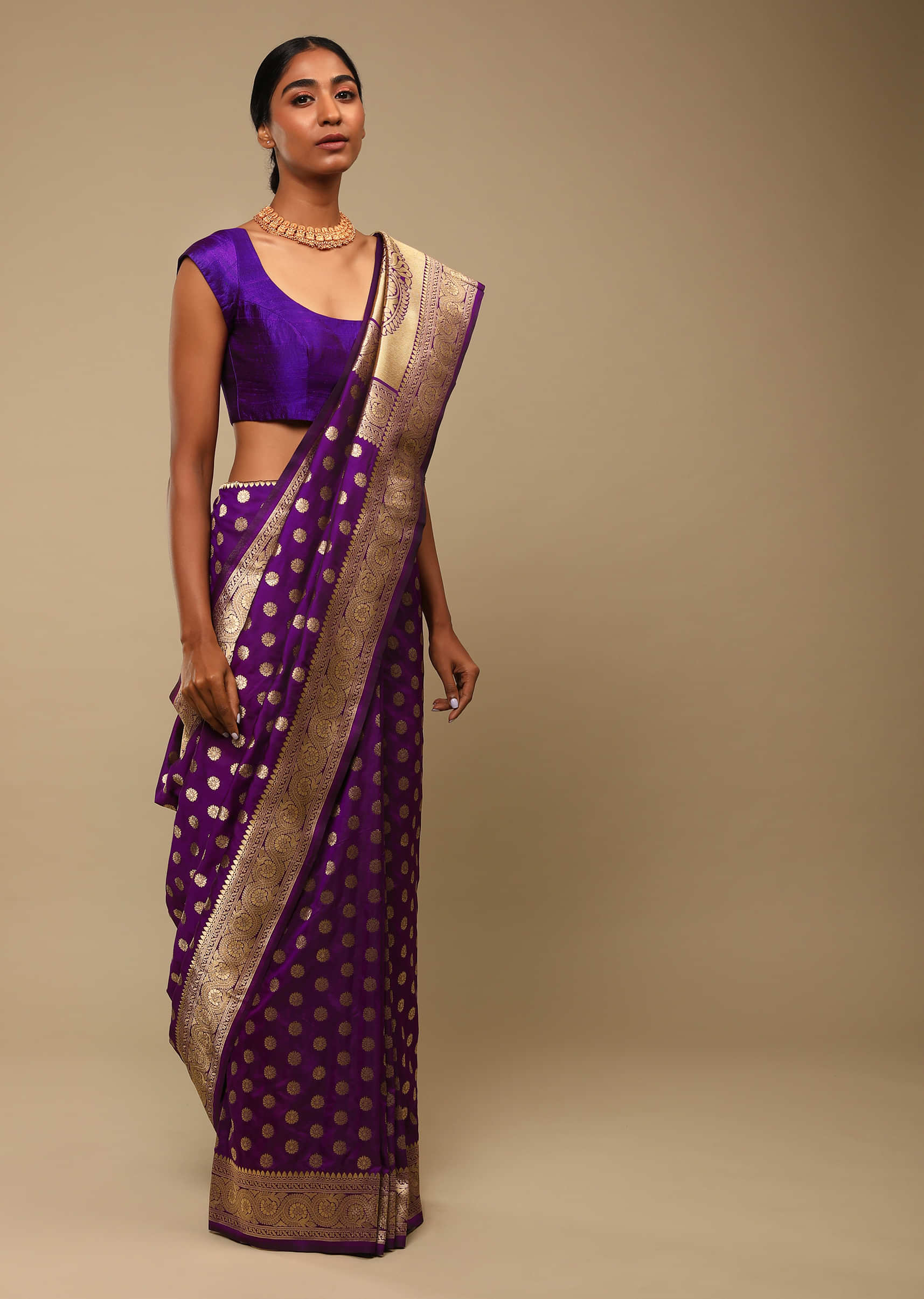 Grape Purple Saree In Art Handloom Silk With Woven Floral Buttis, Paisley Motifs On The Pallu And Unstitched Blouse  