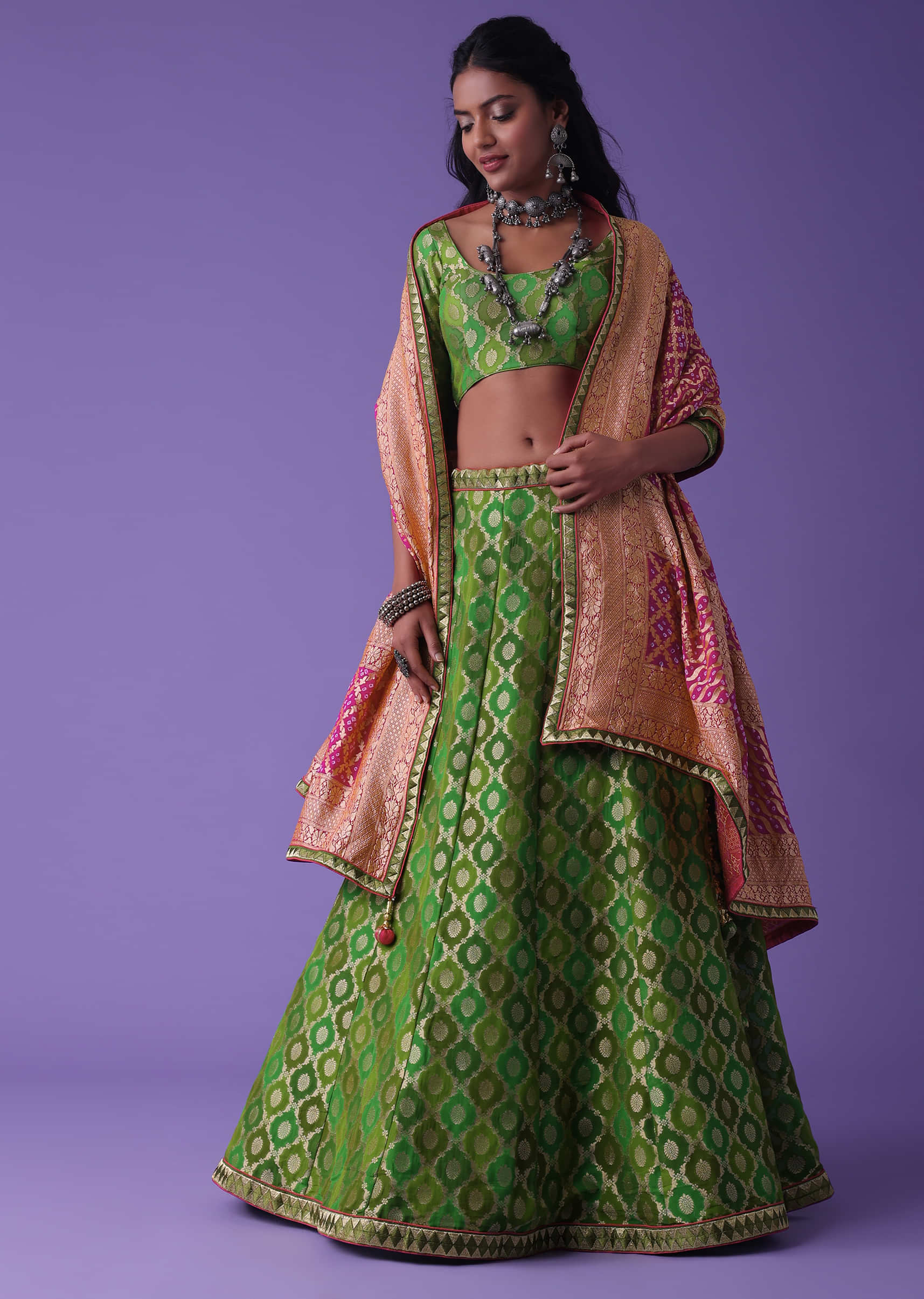 Grass Green Brocade Weave Banarasi Silk Lehenga With Contrast Pink Dupatta