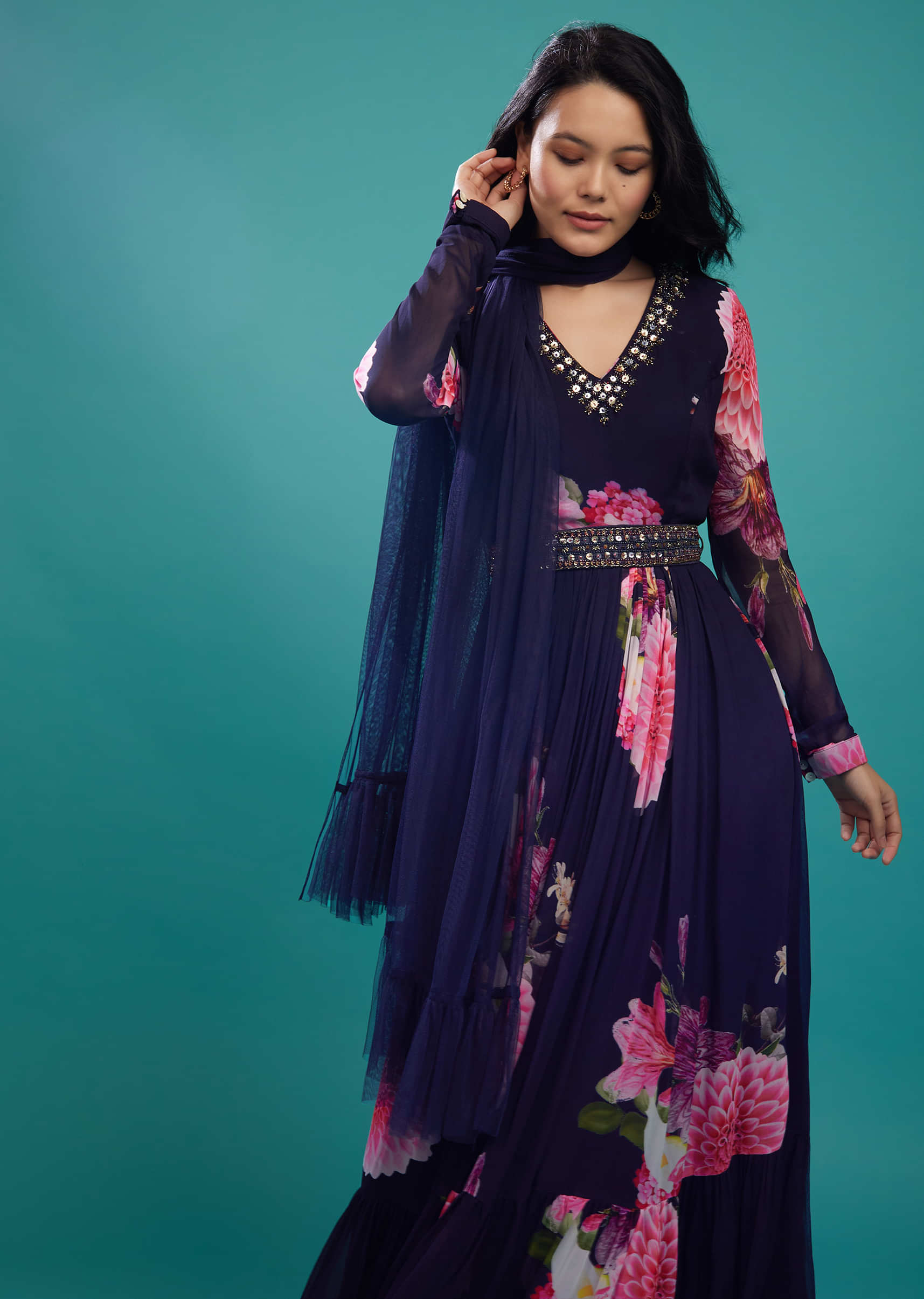 Dark Purple Floral Anarkali Suit In Georgette Fabric