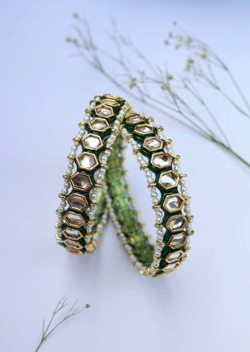 Green And Gold Bangles Adorned In Kundan With Hints Of Green Enamel And Two Pearl Layers On The Edges By Paisley Pop
