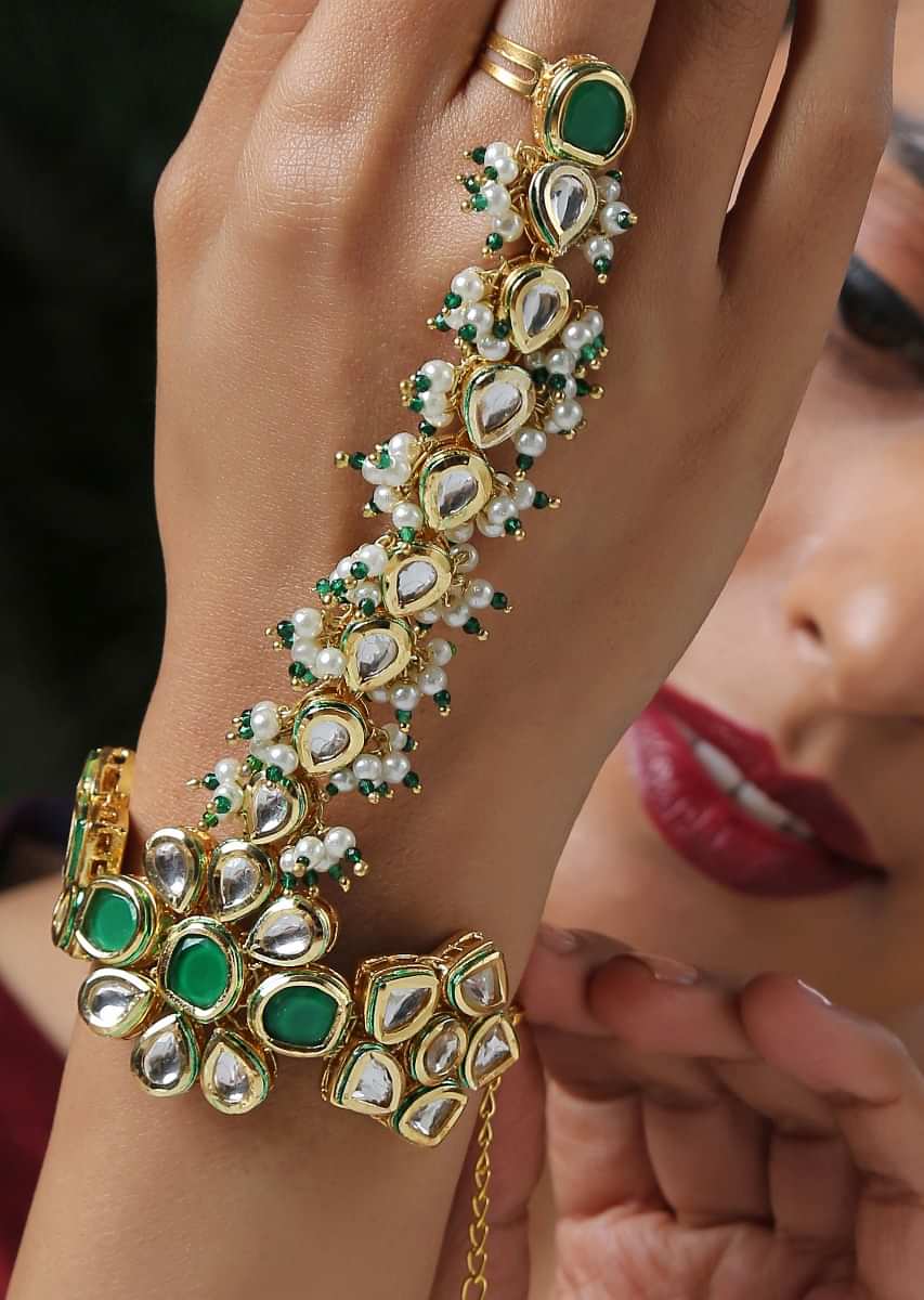 Green And Gold Hathphool Handcrafted Using Kundan And Shell Pearls By Paisley Pop