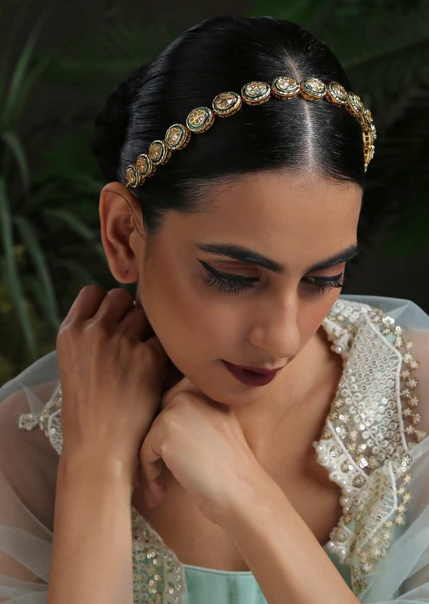 Green And Gold Headband With Kundan Work In A Timeless Classic Design By Paisley Pop