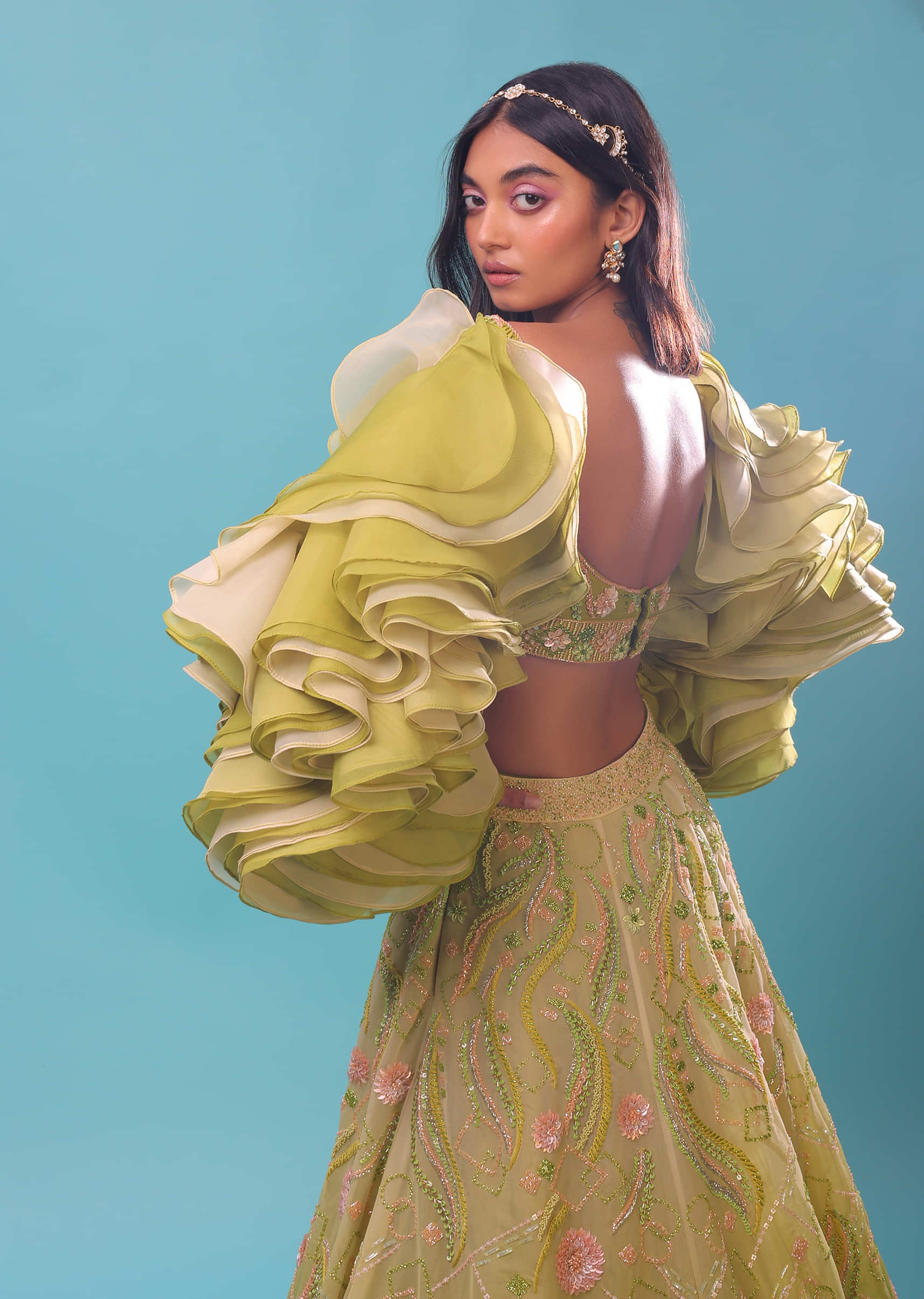 Citrus Green Ombre Lehenga And Sequin Embroidered Crop Top