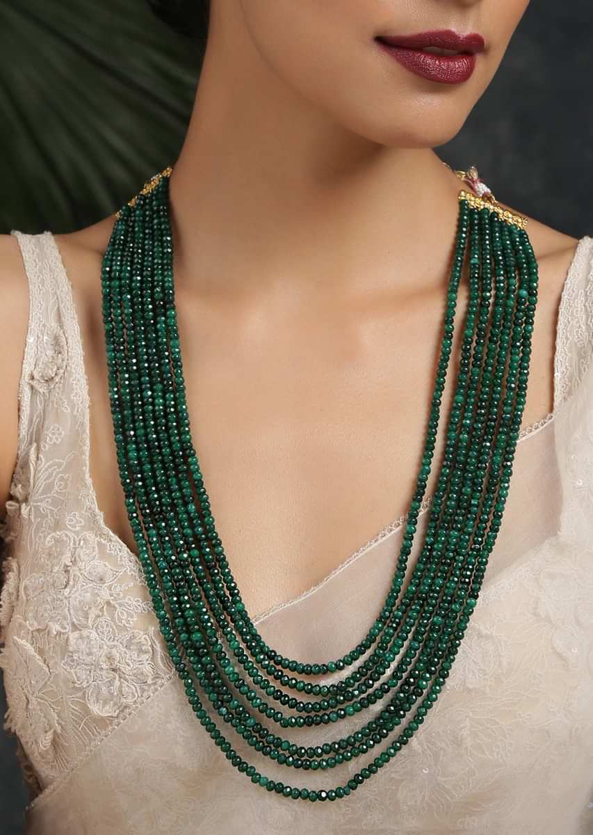 Green Necklace With Multiple Strands Of Onyx Beads By Paisley Pop