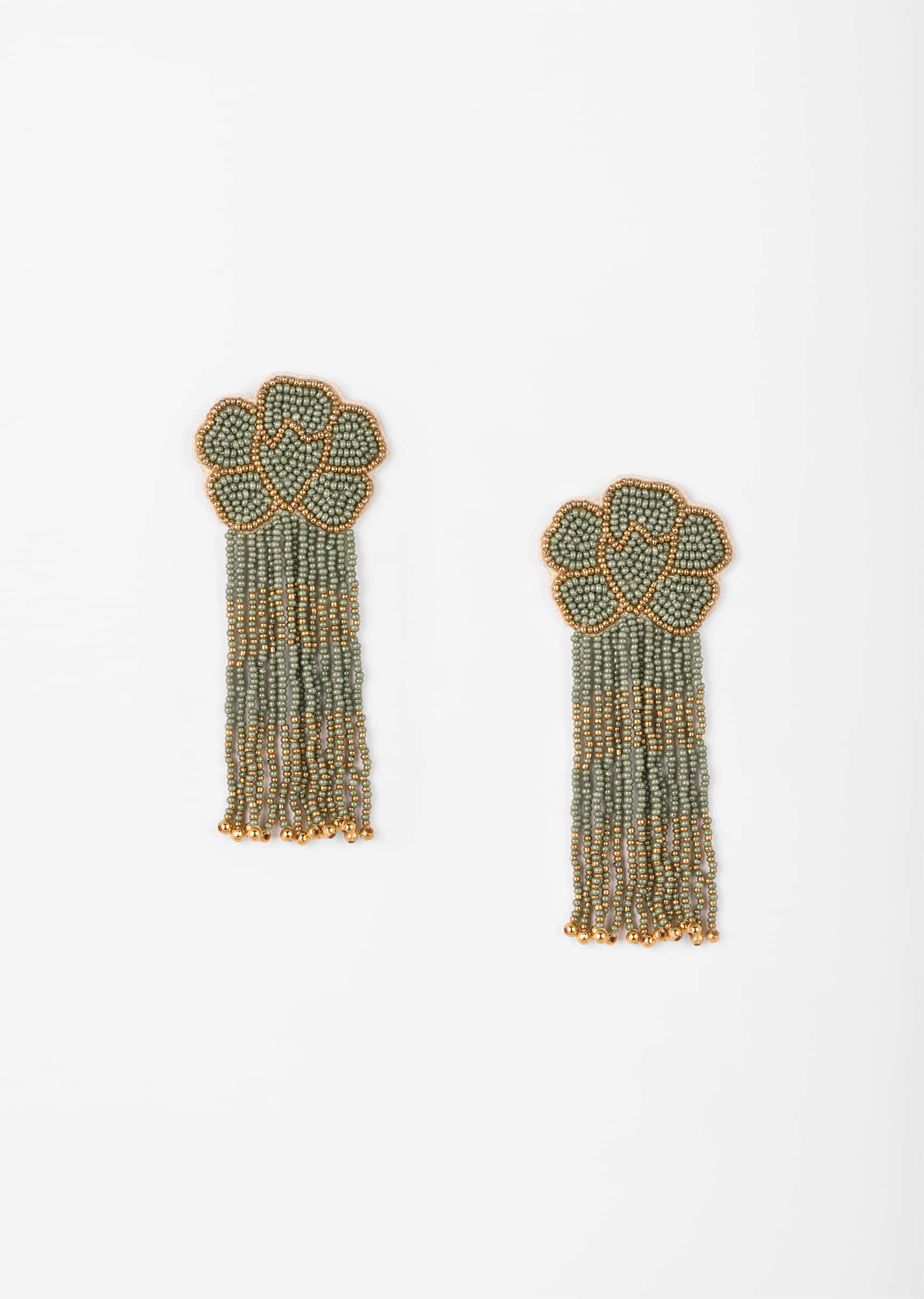 Green And Gold Earrings With Beads Work In Floral Motifs And Fringe Detail 