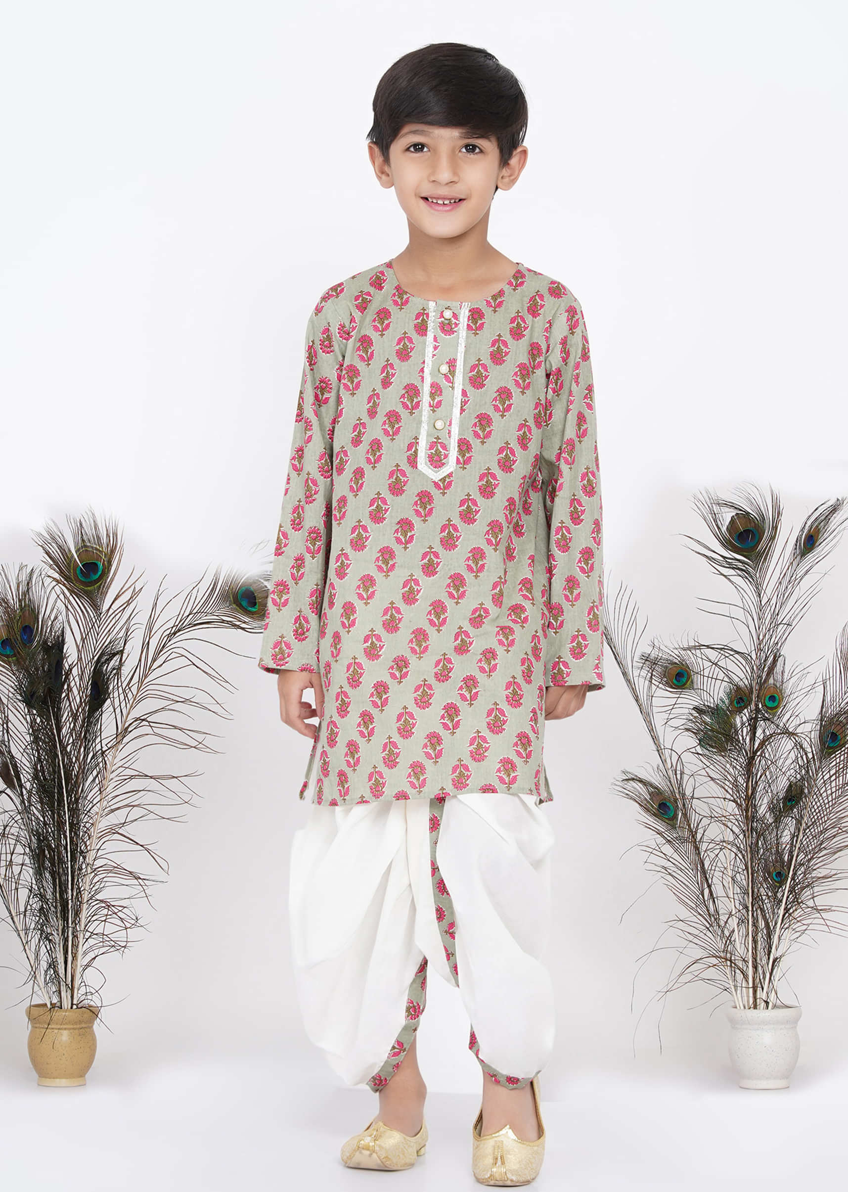 Kalki Green Dhoti Kurta Set For Boys In Cotton With Floral Print
