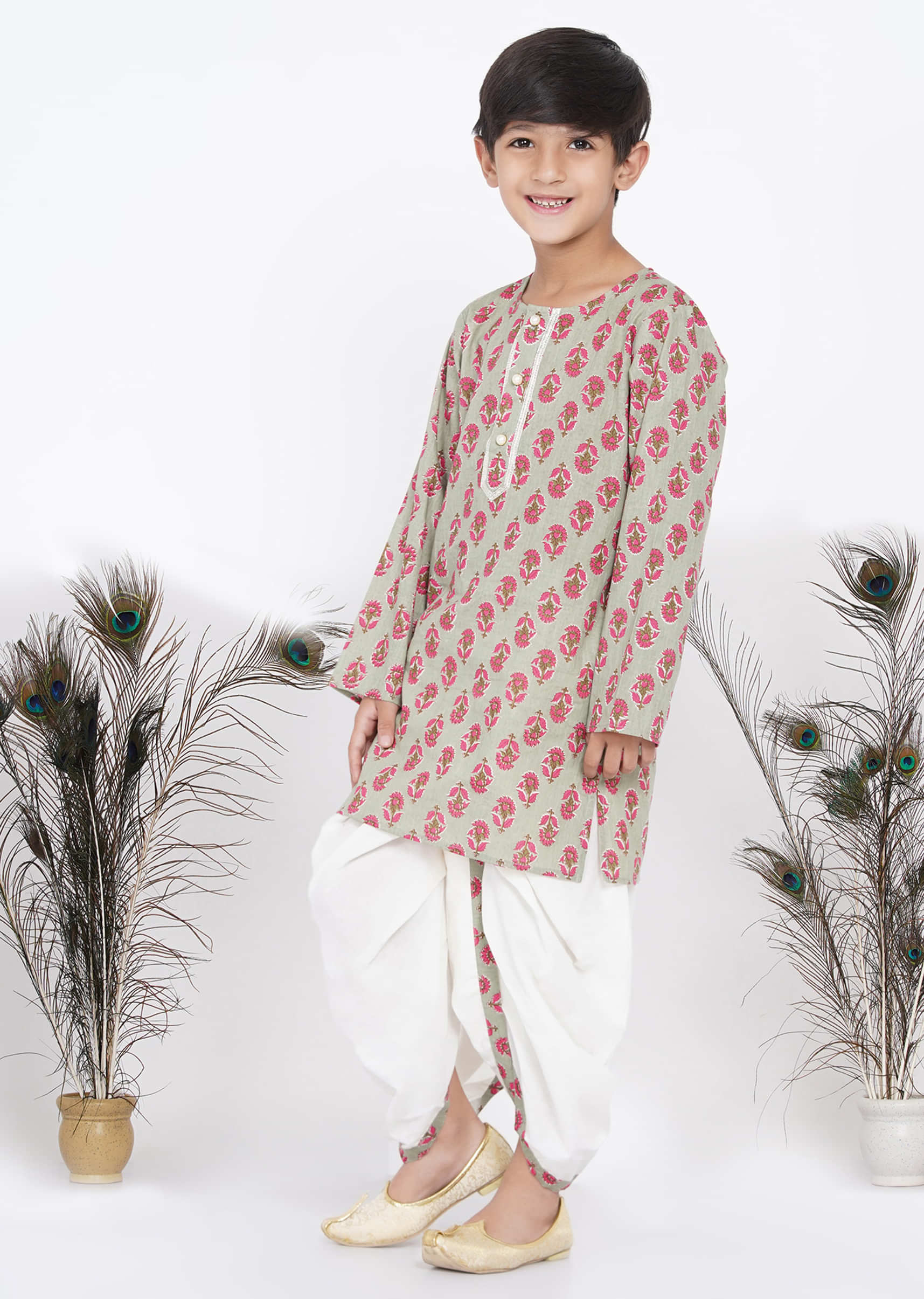 Kalki Green Dhoti Kurta Set For Boys In Cotton With Floral Print