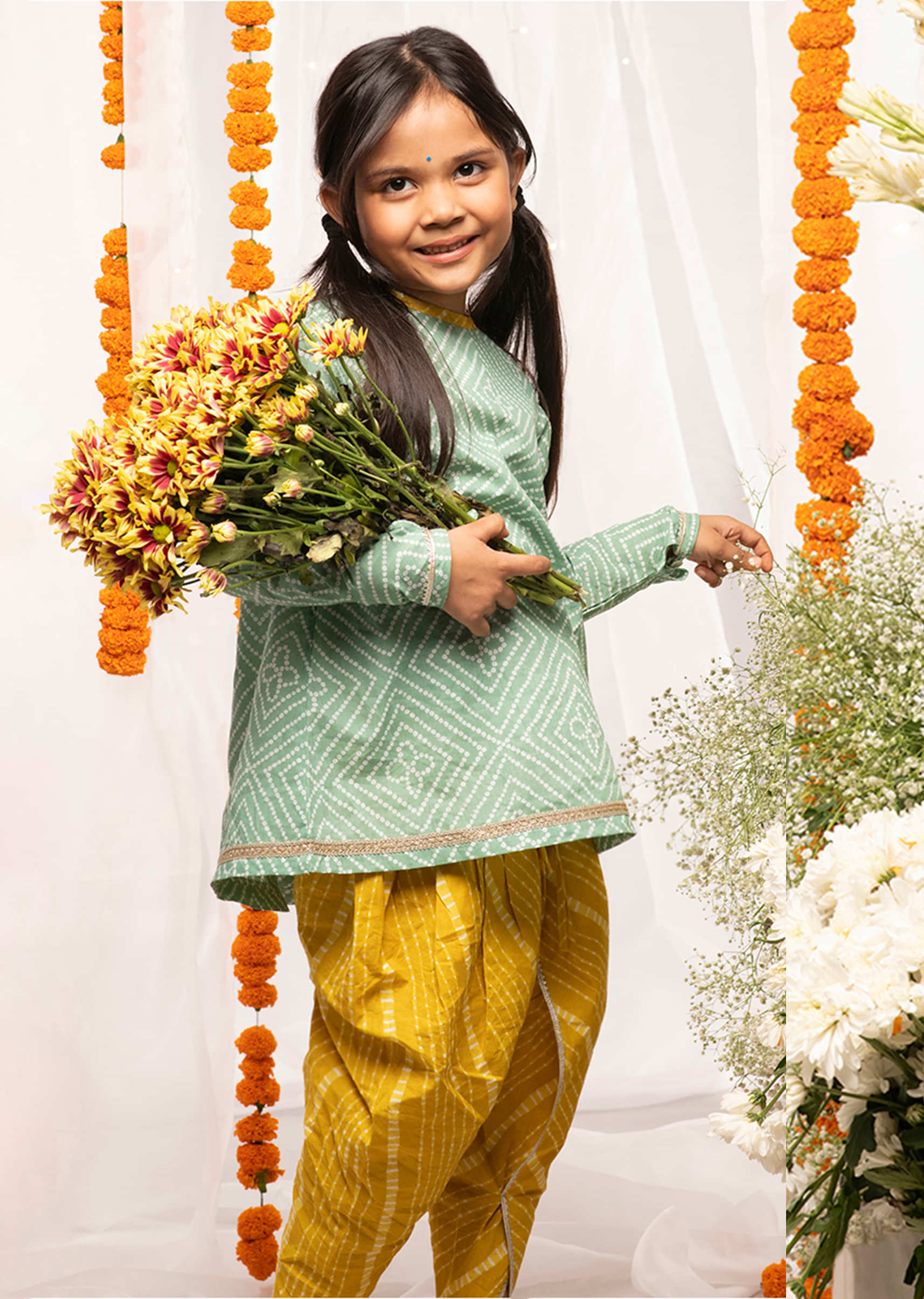 Kalki Girls Green Dhoti Suit In Cotton With Lehariya And Bandhani Print By Tiber Taber