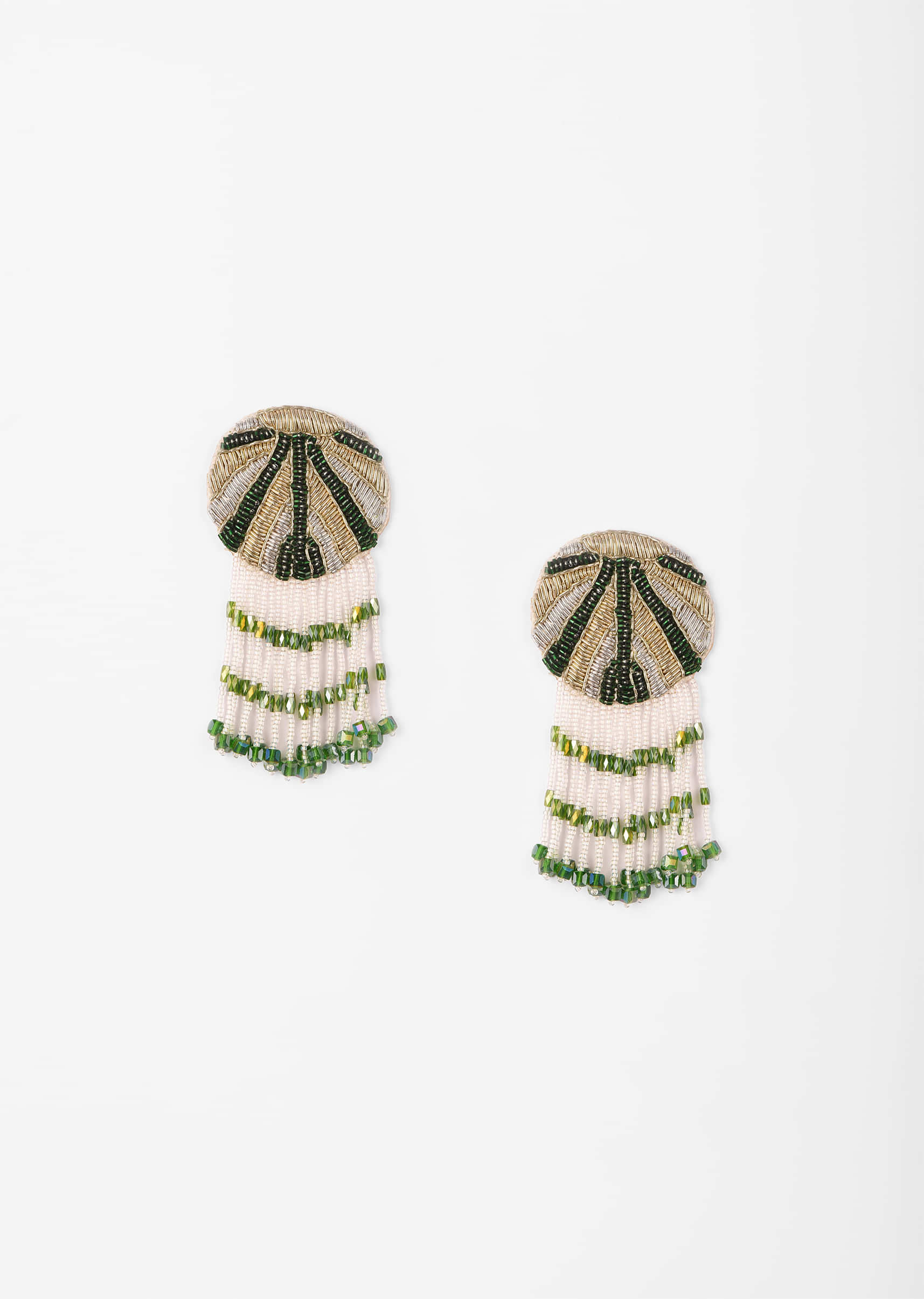 Green Earrings With Cut Dana And Two Toned Zardosi Work Along With Fringe Detail 