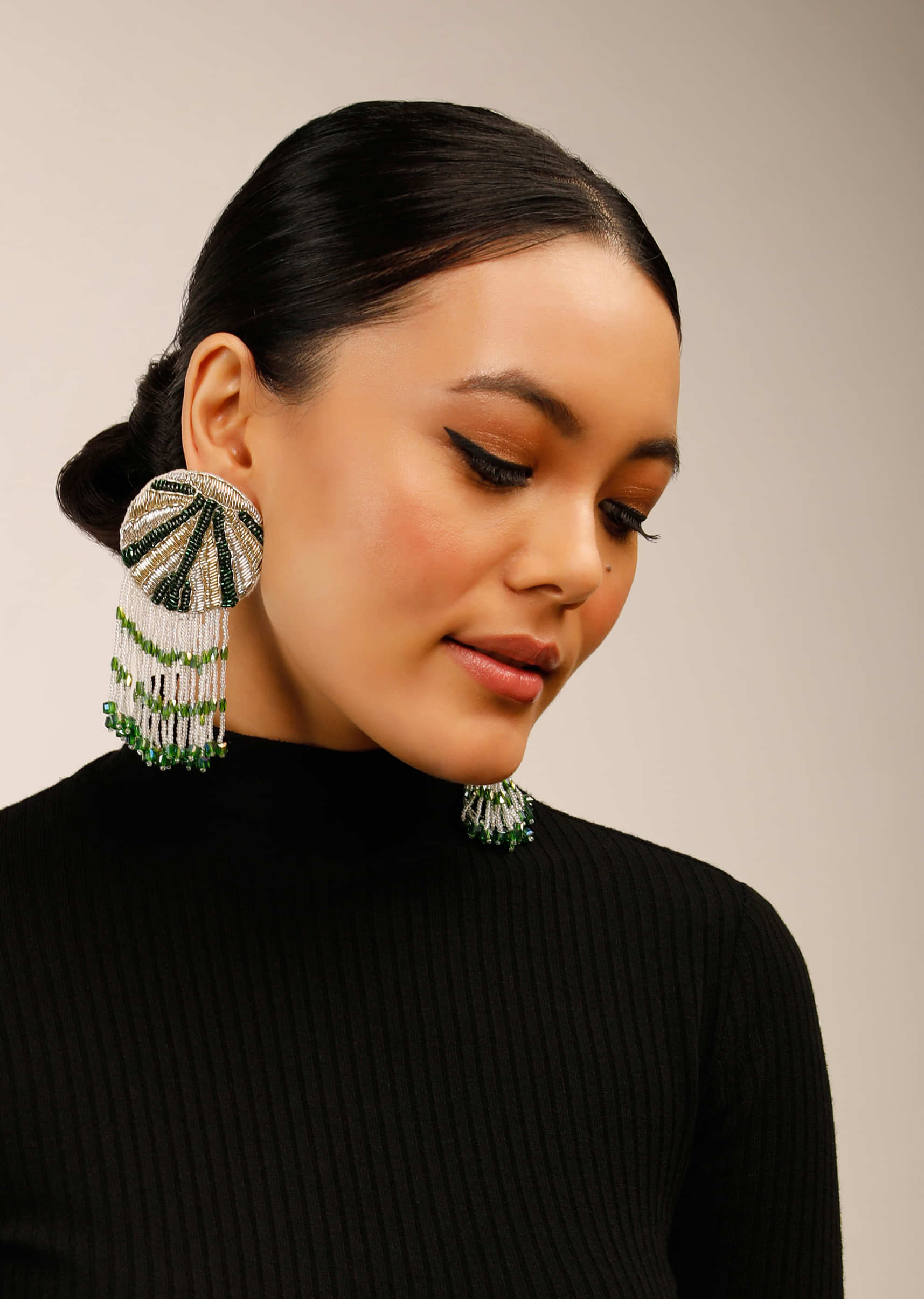 Green Earrings With Cut Dana And Two Toned Zardosi Work Along With Fringe Detail 