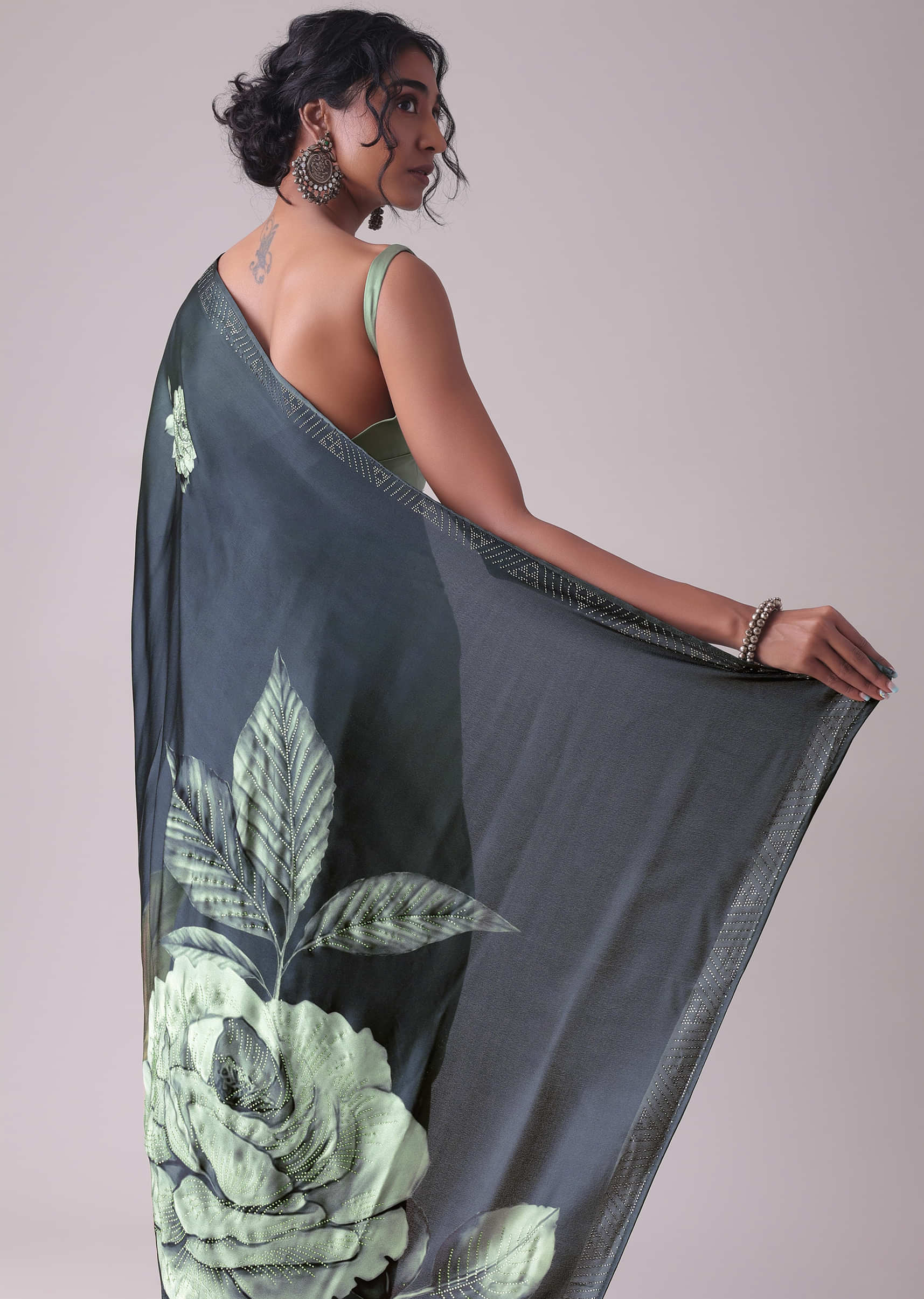Green Gables Satin Printed Saree With Swarovski Embellishment