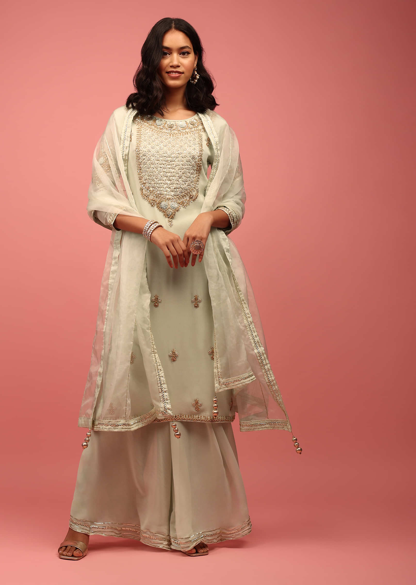 Light Green Palazzo Suit Hand Embroidered In Georgette With Zardosi, Sequins And Gotta Work
