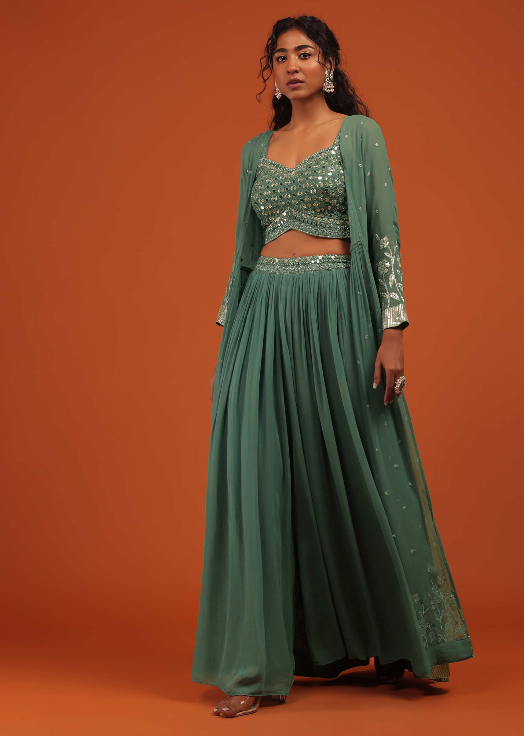 Green Palazzo Suit In Georgette With Machine Embroidery
