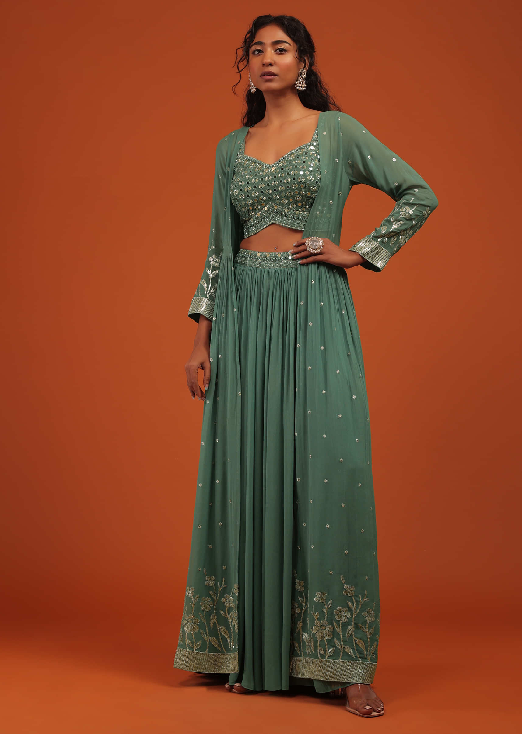 Green Palazzo Suit In Georgette With Machine Embroidery