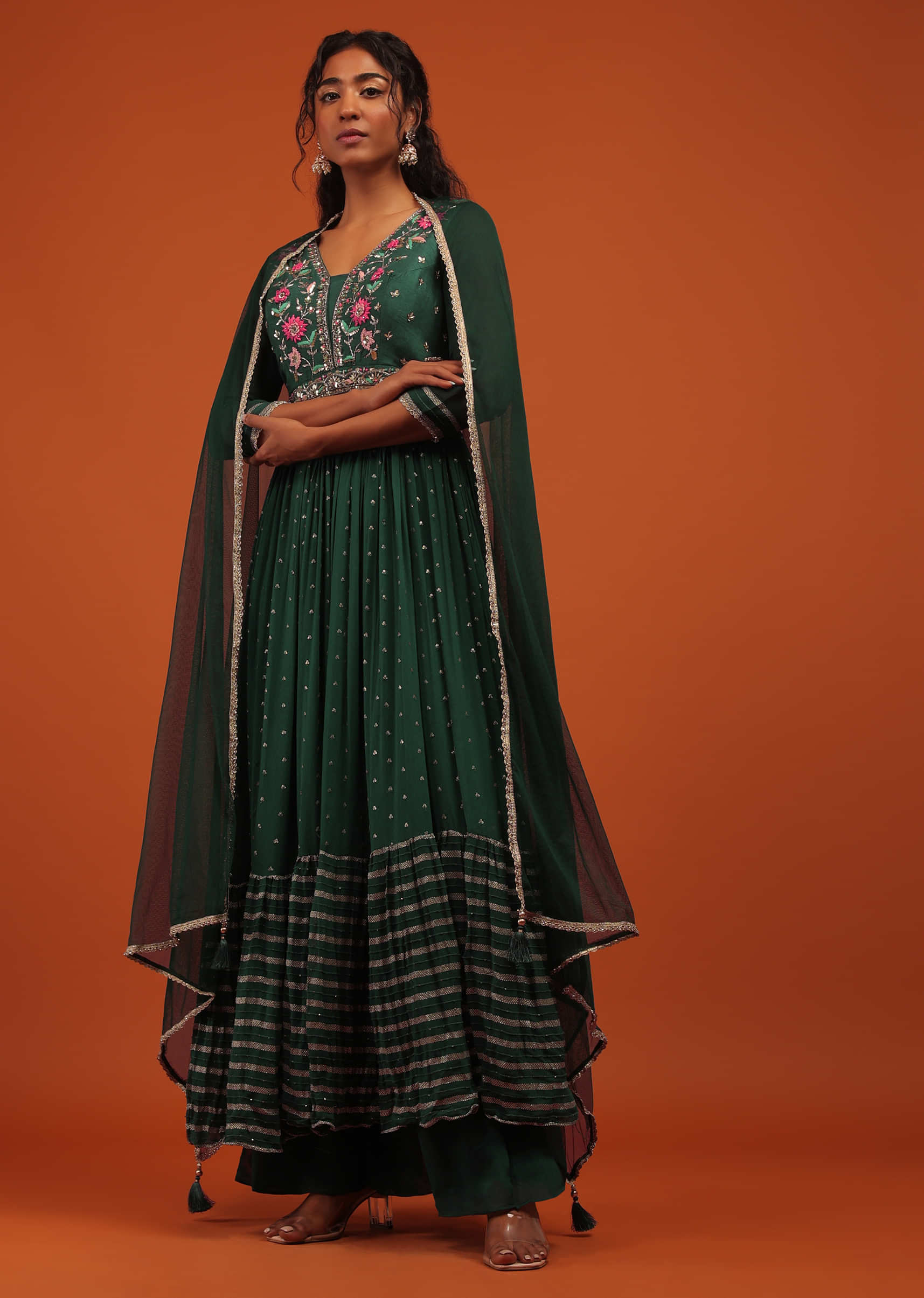 Green Palazzo Suit Set In Georgette With Multi Color Embroidery