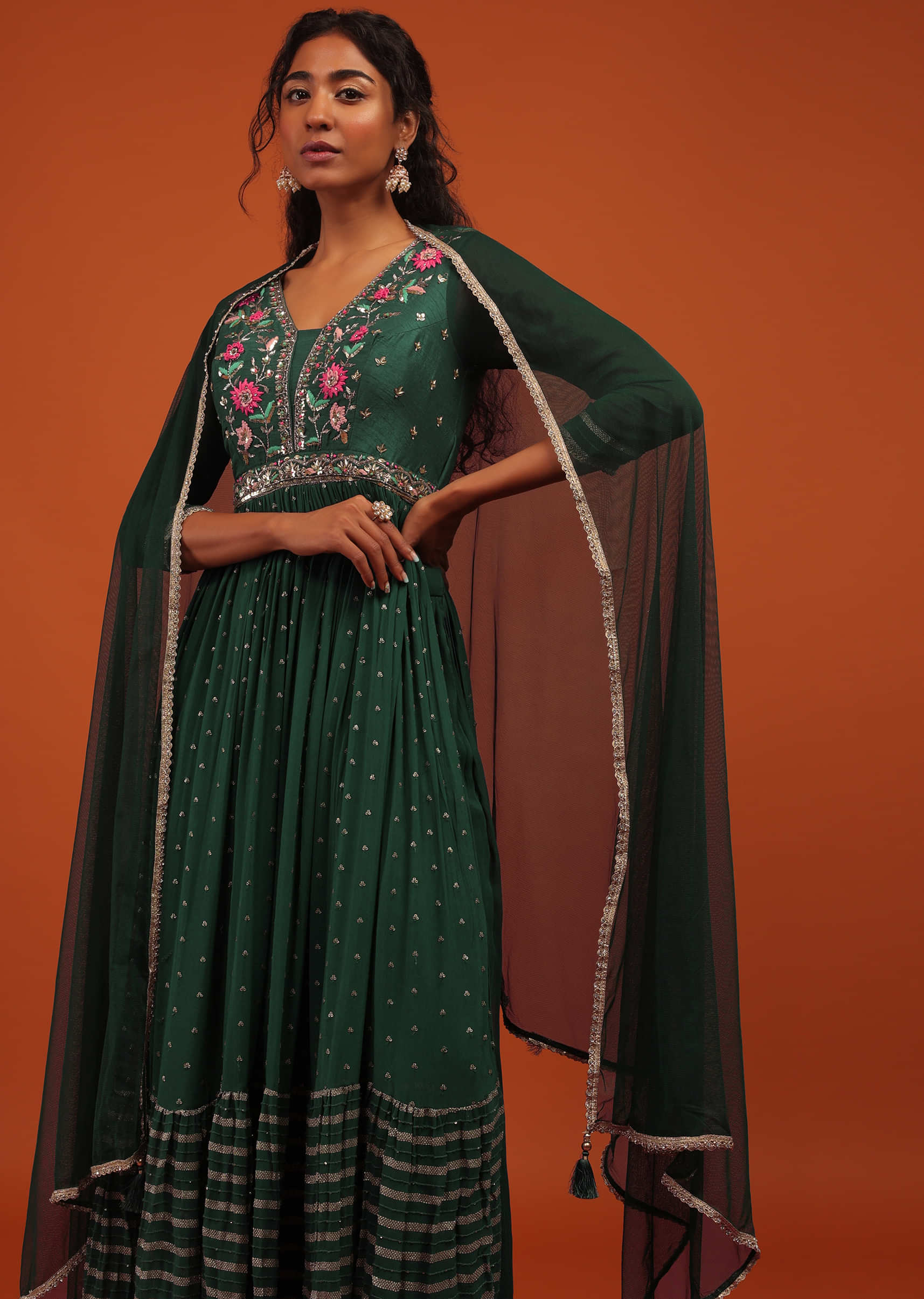 Green Palazzo Suit Set In Georgette With Multi Color Embroidery