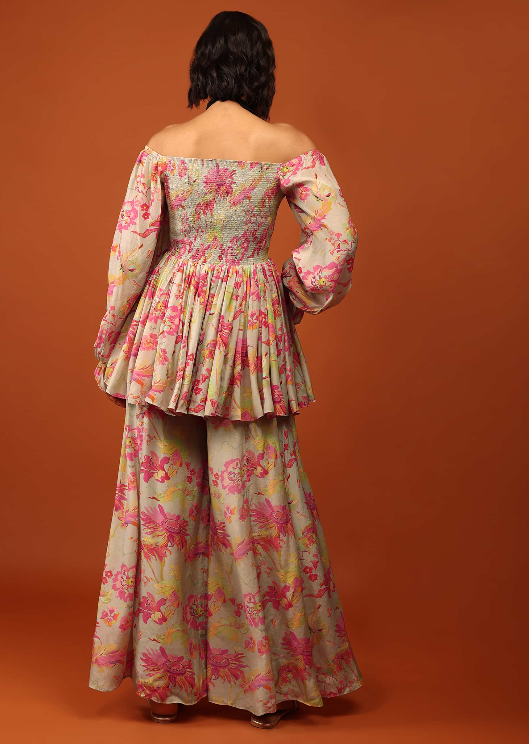 Moss Green Print Top And Palazzo In Crepe With Off-shoulder Neckline & Smocking Bodice