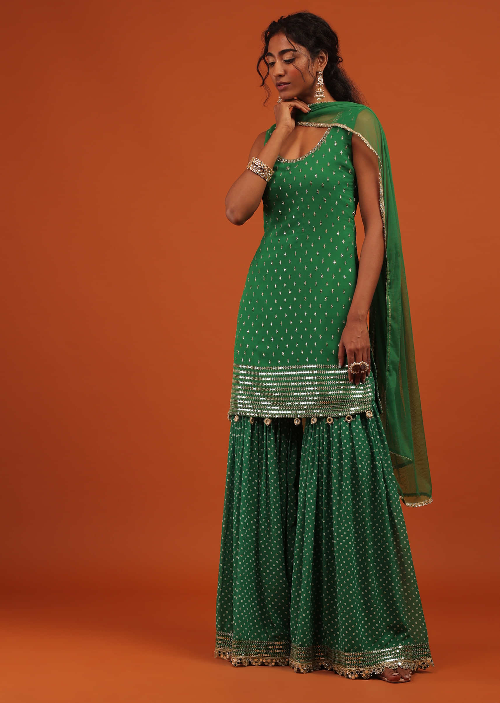Green Sharara Suit In Georgette With A Net Dupatta