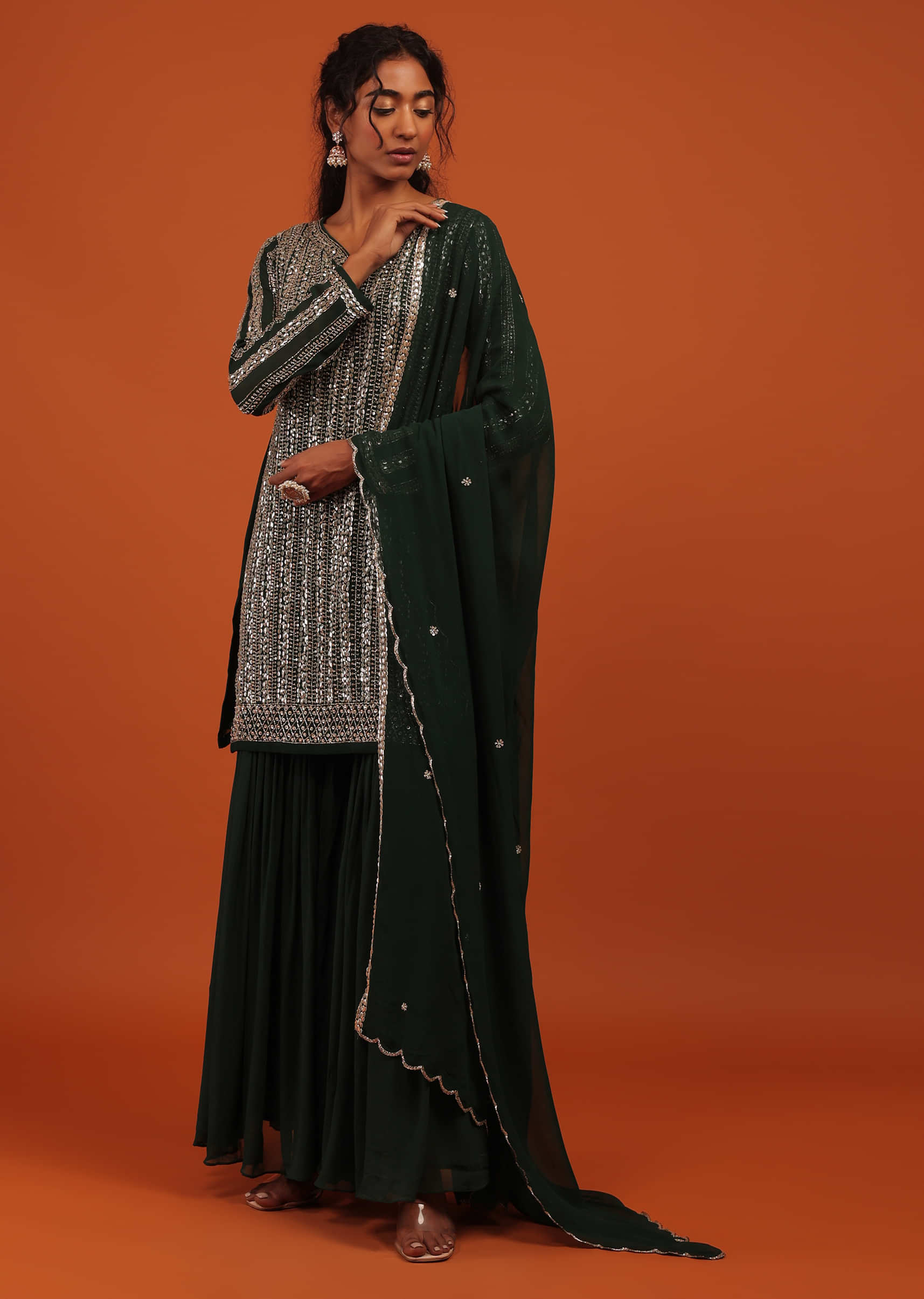 Green Sharara Suit In Georgette With Silver Embroidery