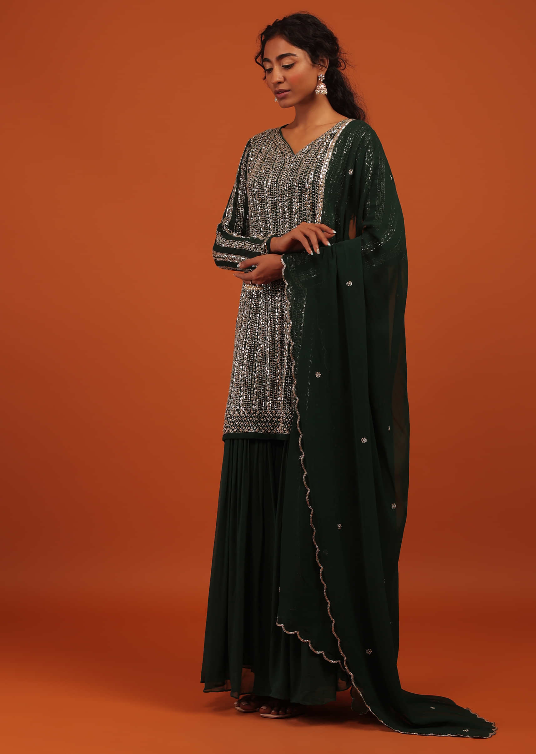 Green Sharara Suit In Georgette With Silver Embroidery