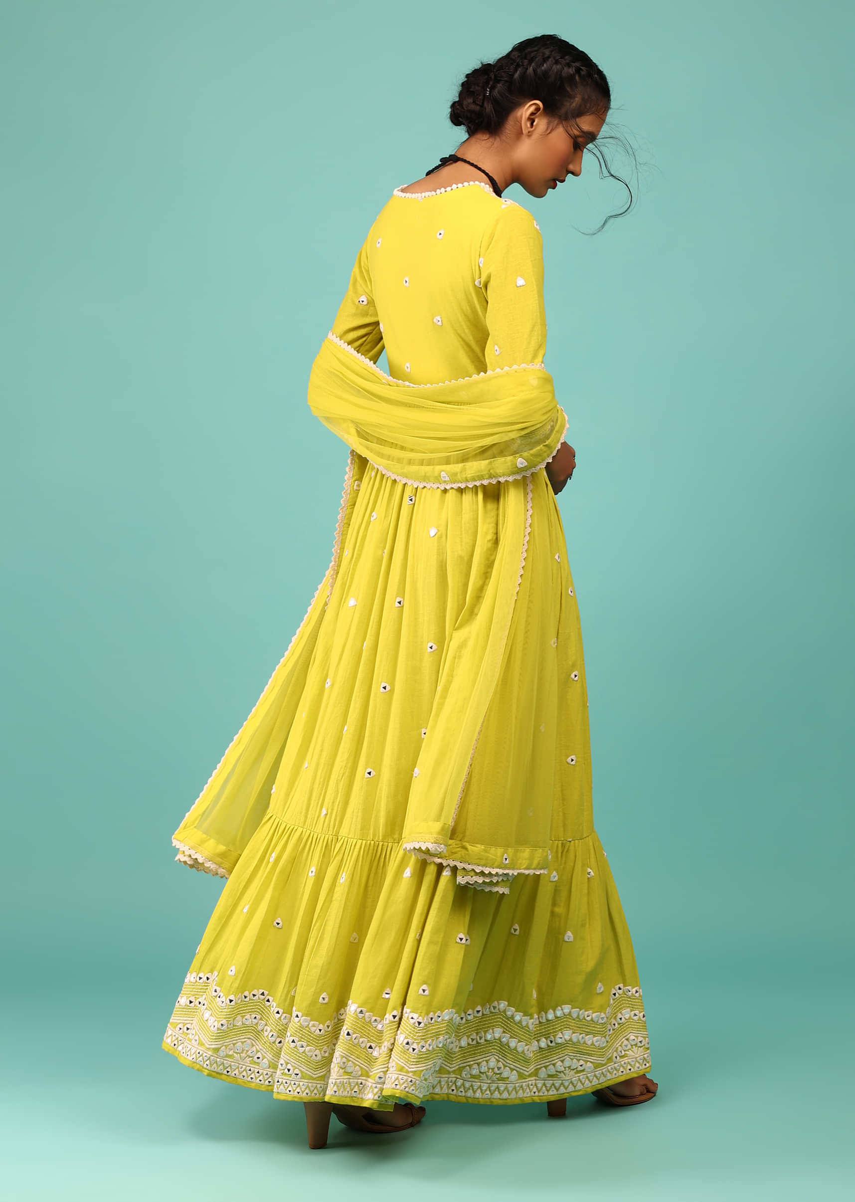 Lime Yellow Anarkali Kurta In Lucknowi Geometric Embroidery With Angrakha Pattern & Bottom Frill