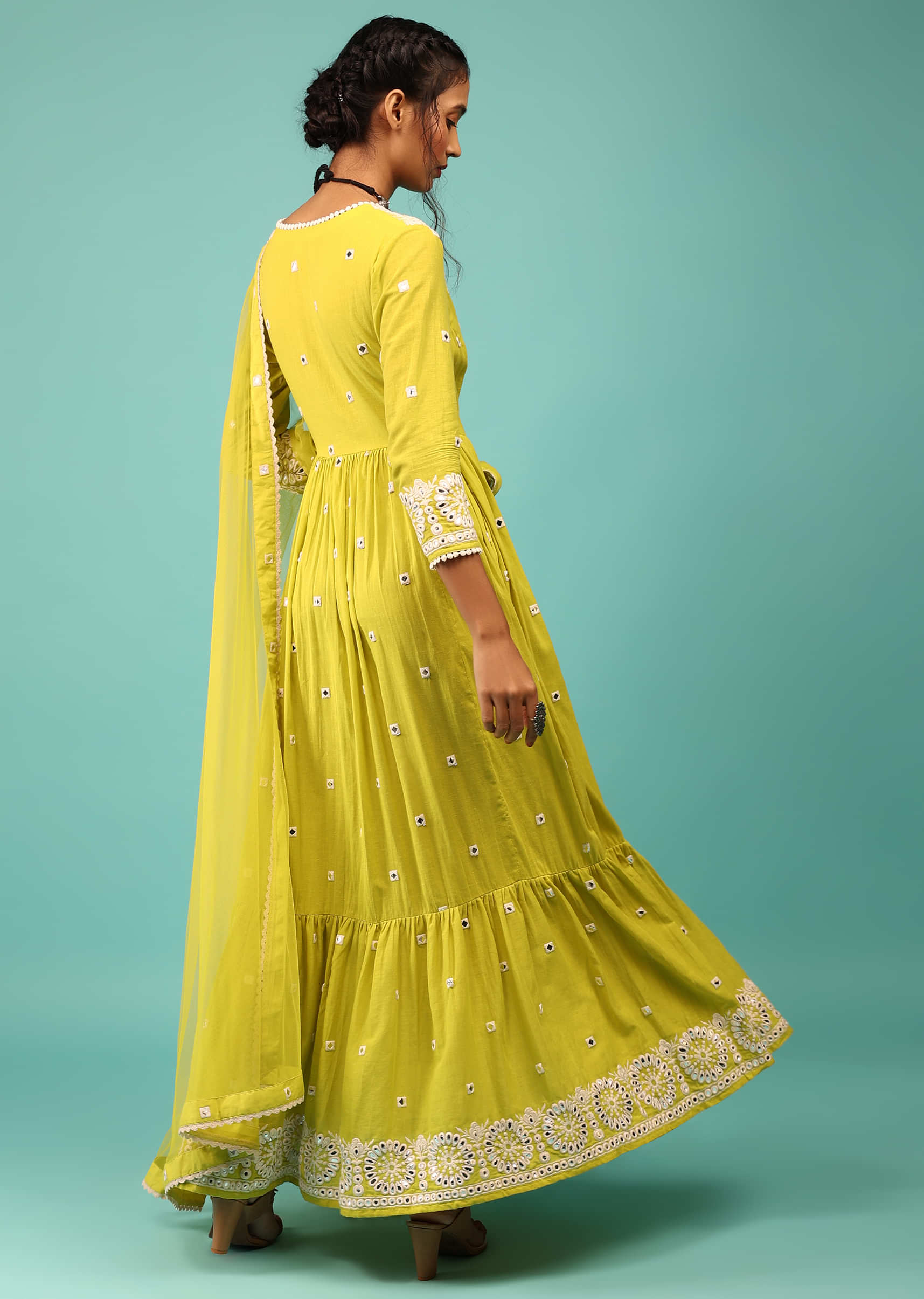 Lime Yellow Anarkali Kurta In Lucknowi Floral Embroidery With Angrakha Pattern & Surplice Neckline