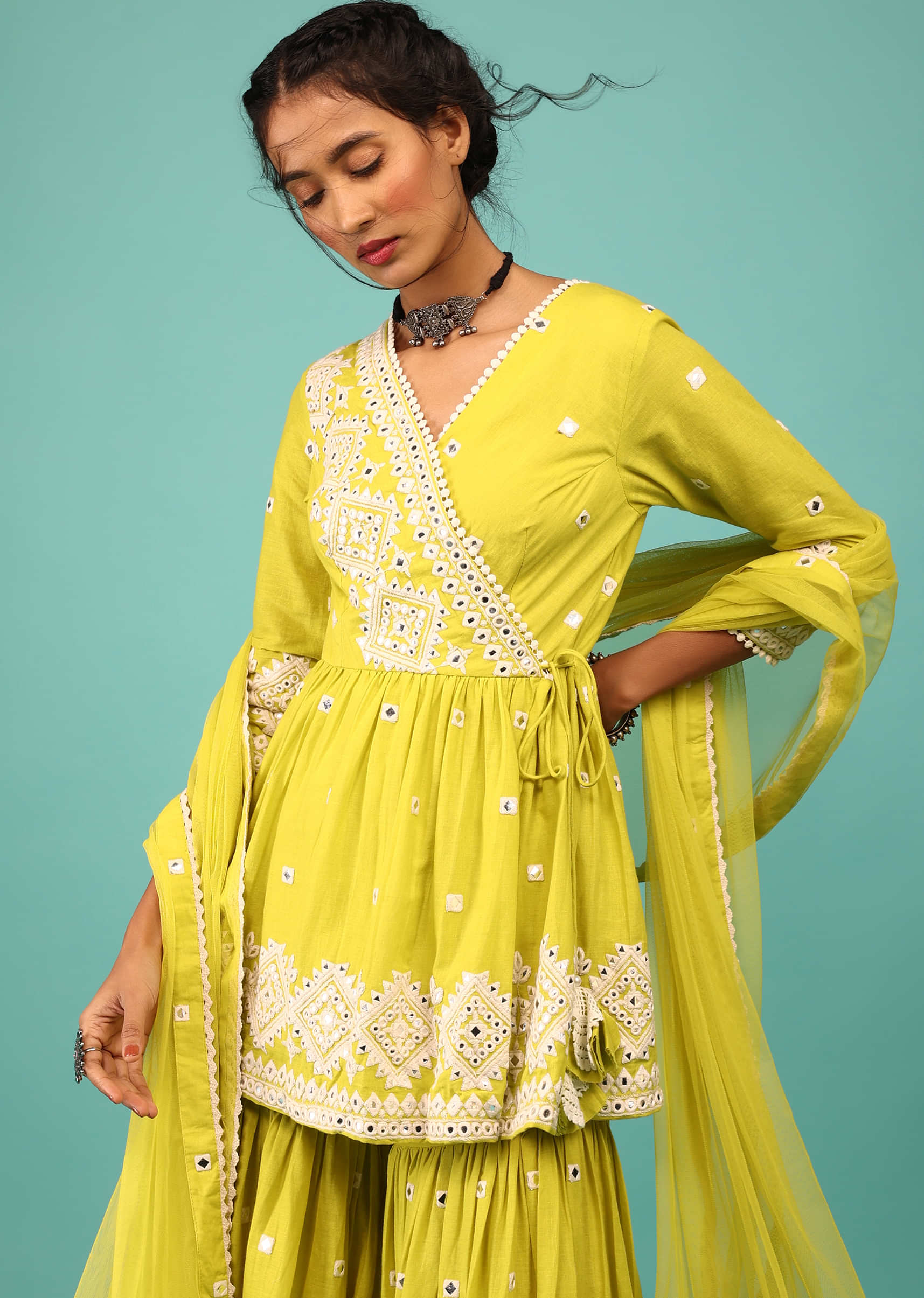 Lime Yellow Sharara Suit In Cotton With Angarakha Peplum Top & Lucknowi Embroidery