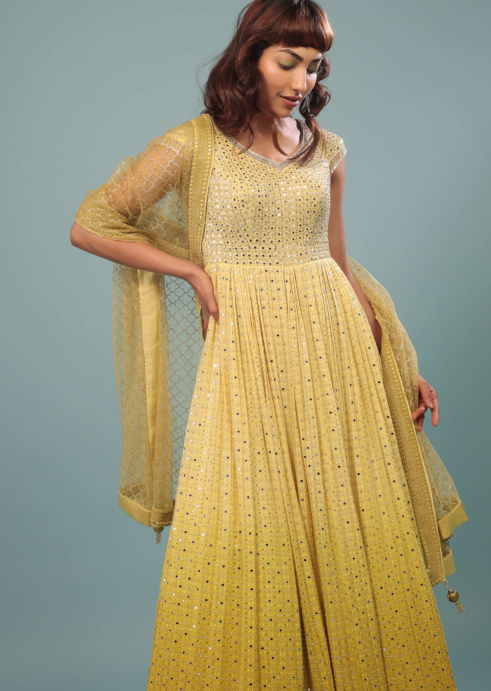 Daffodil Yellow Ombre Embroidered Anarkali Suit Set In Georgette