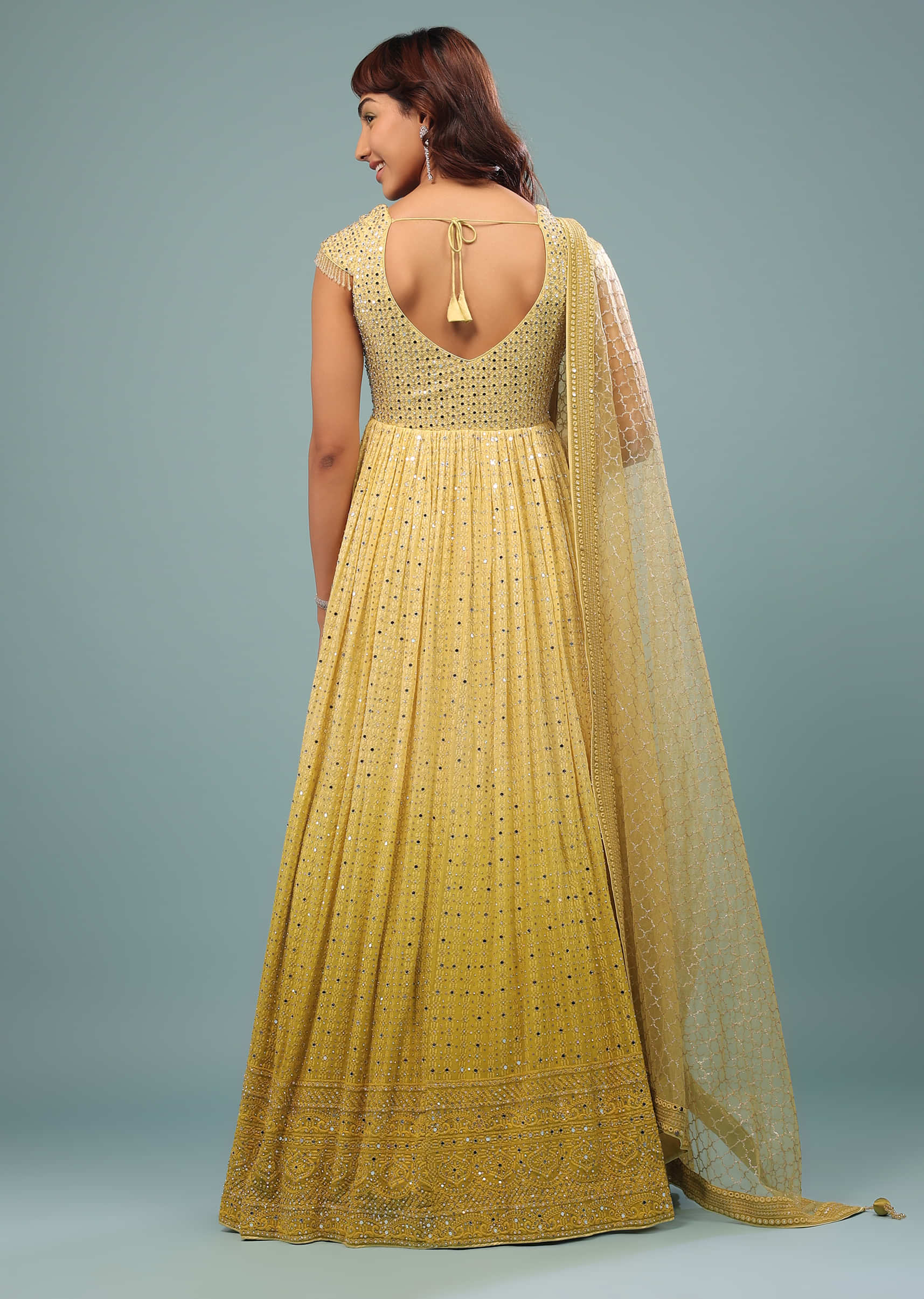 Daffodil Yellow Ombre Embroidered Anarkali Suit Set In Georgette