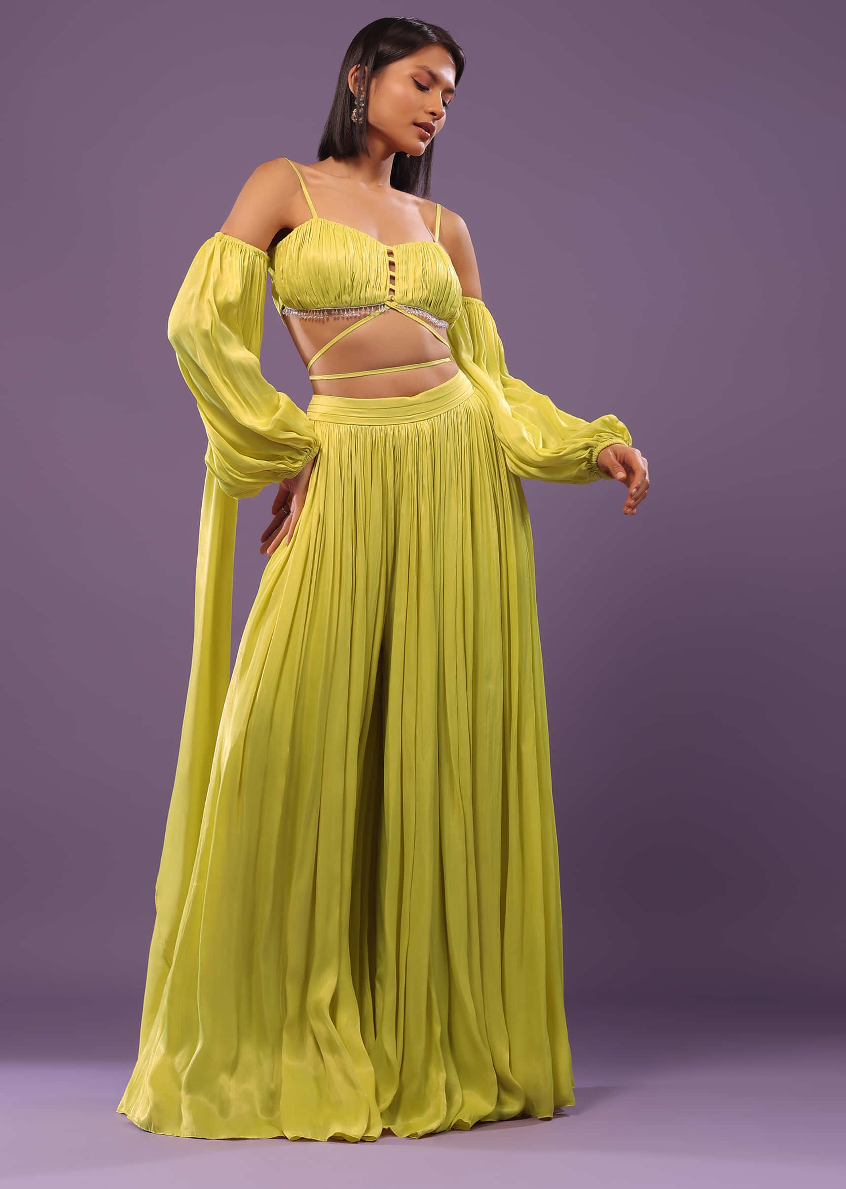 Lime Yellow Palazzo Set In Satin