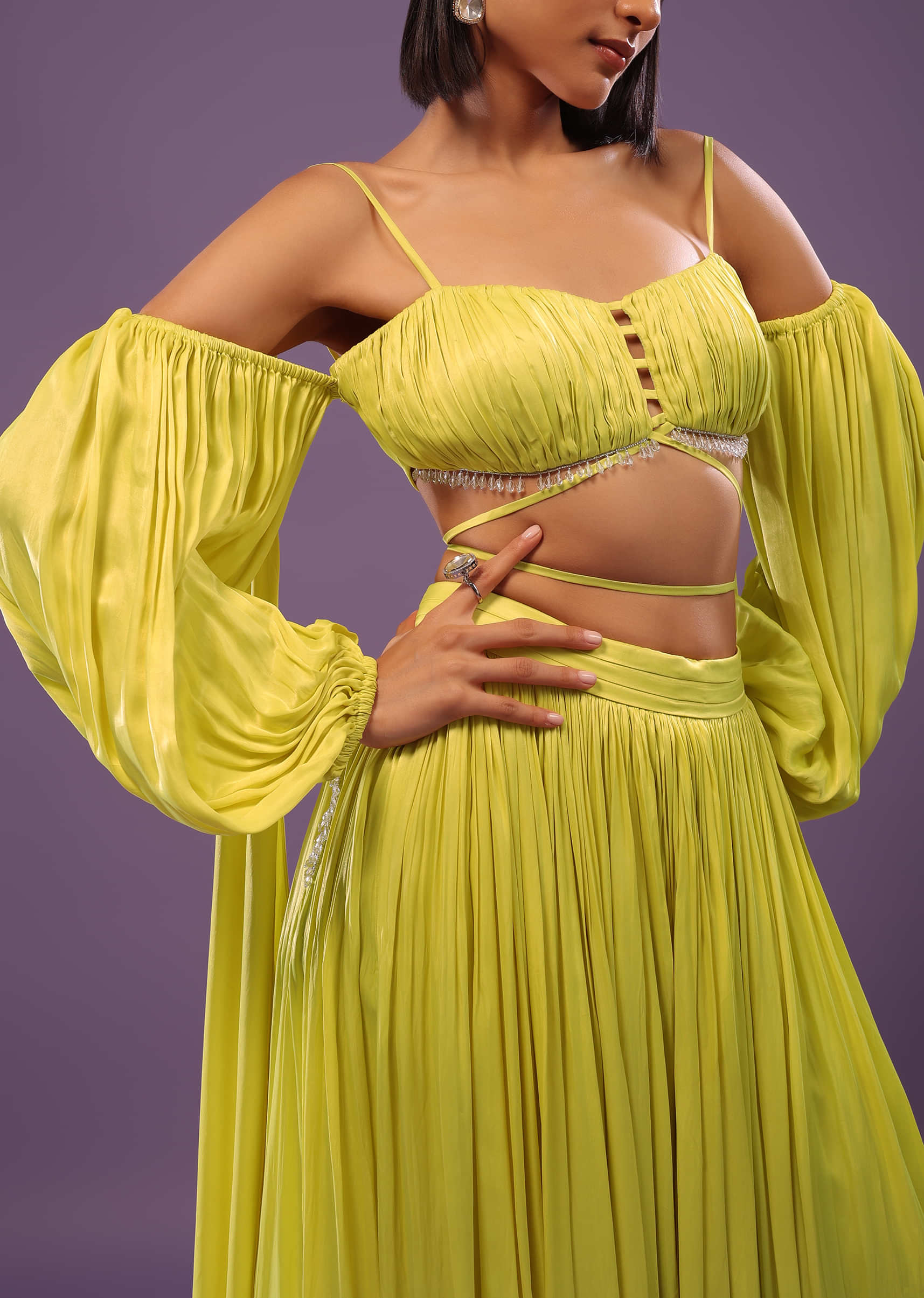Lime Yellow Palazzo Set In Satin