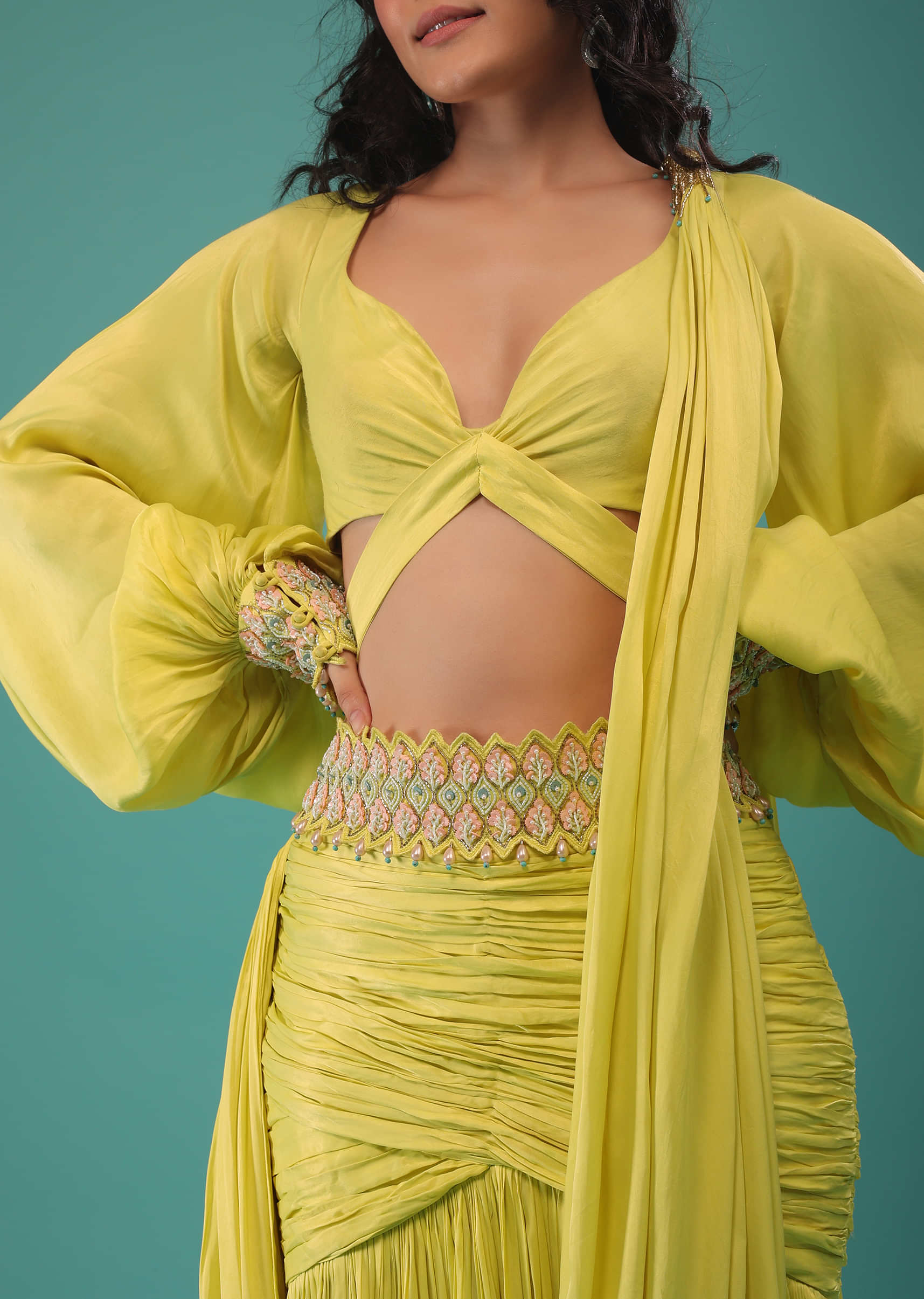 Green Sheen Yellow Ready-Pleated Saree In Satin