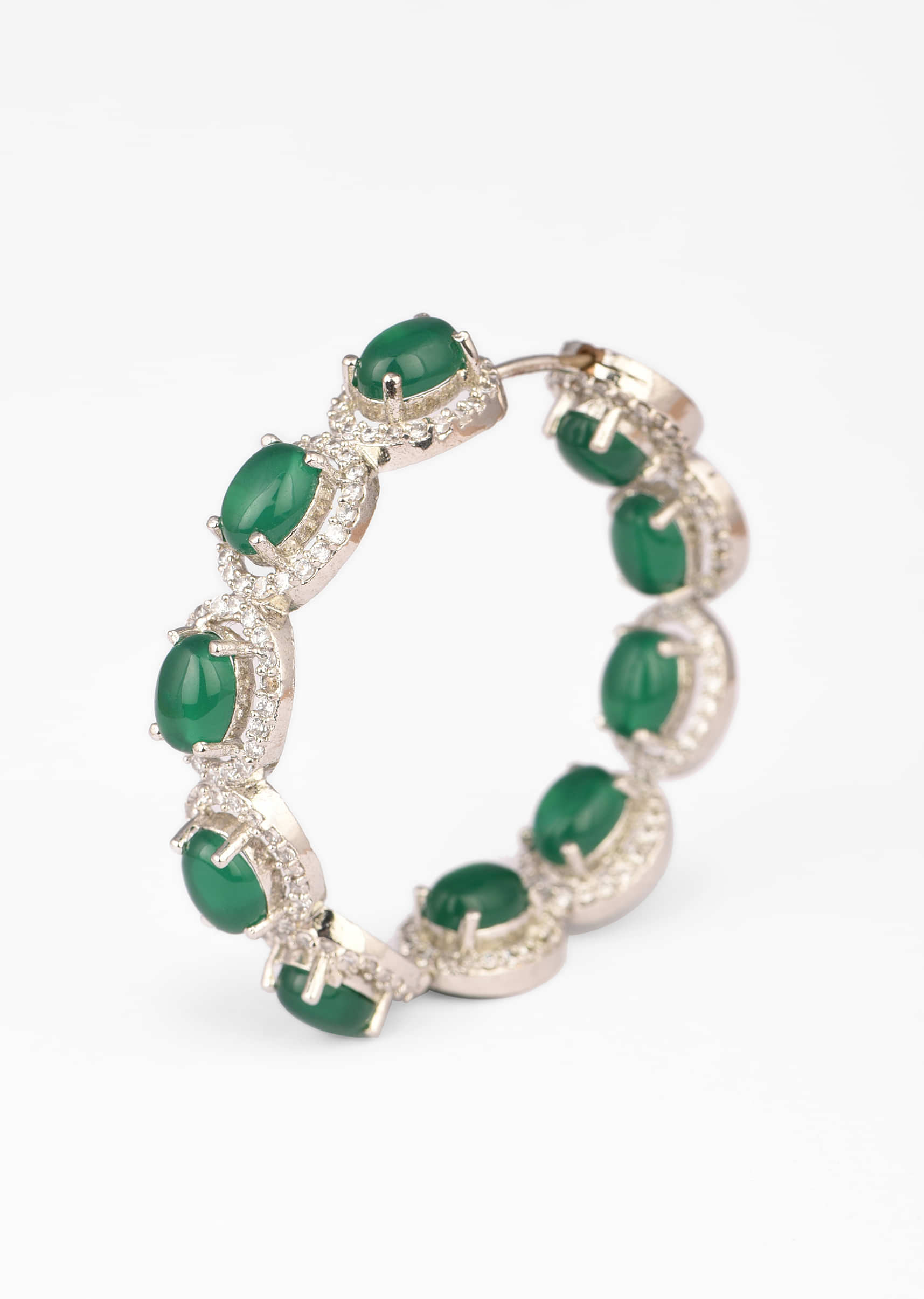 Green Stone Studded Hoop Earrings With Swarovski Accents 