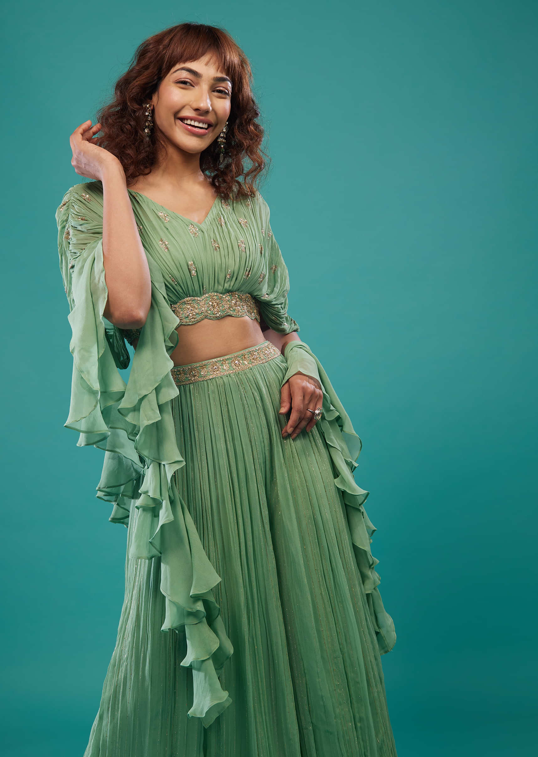 Pista Green Hand-Embroidered Palazzo Crop-Top Set In Georgette