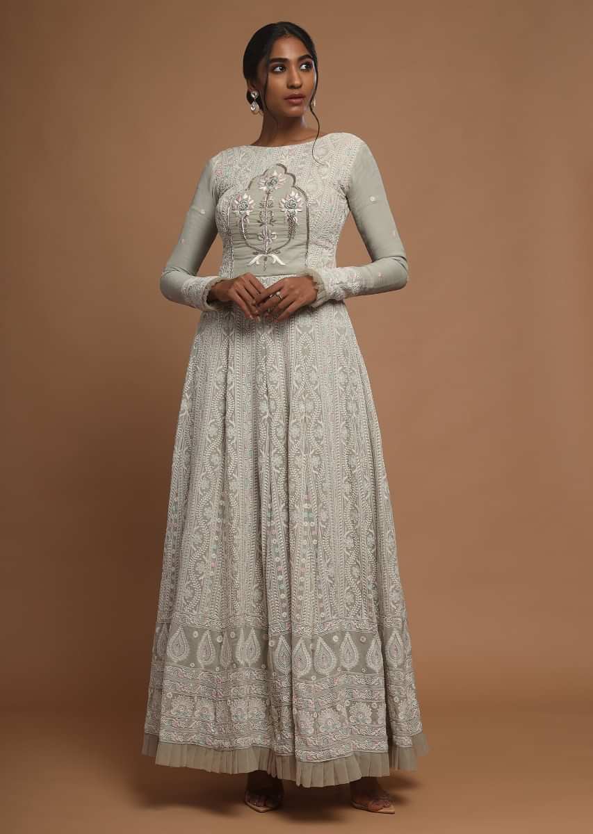 Fog Green Anarkali Suit With Lucknowi Thread Work And Zardozi Embroidered Motif  