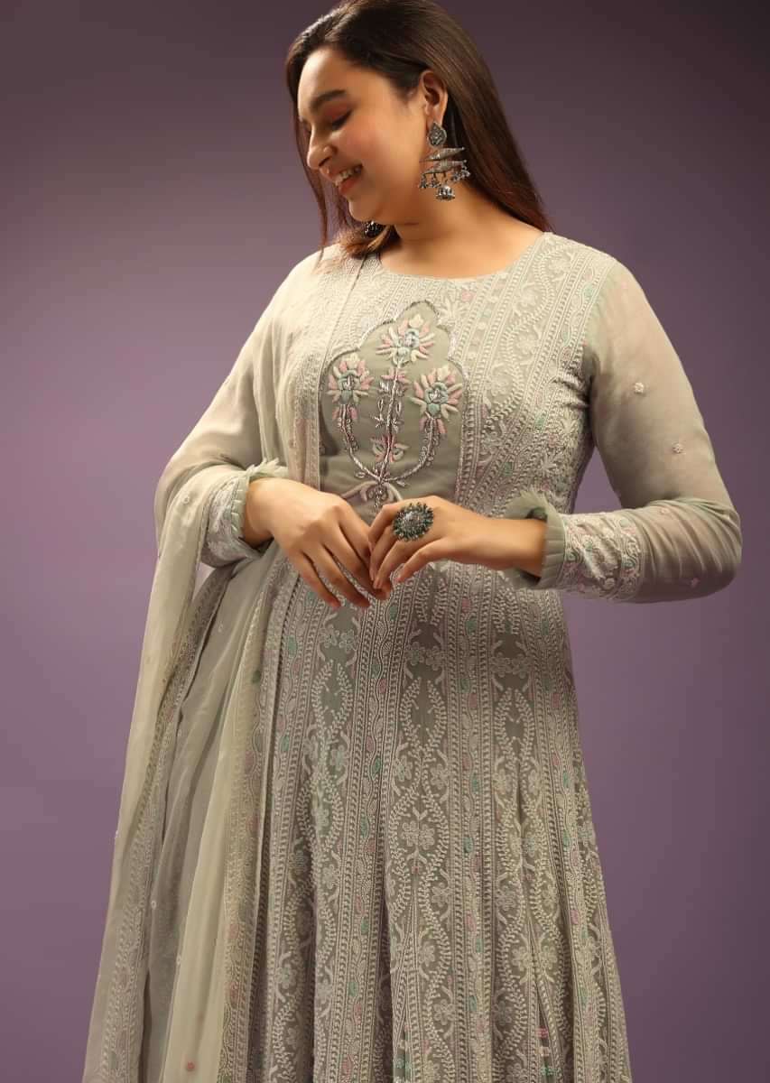 Fog Green Anarkali Suit With Zardozi Embroidered Motif and Lucknowi Thread Work