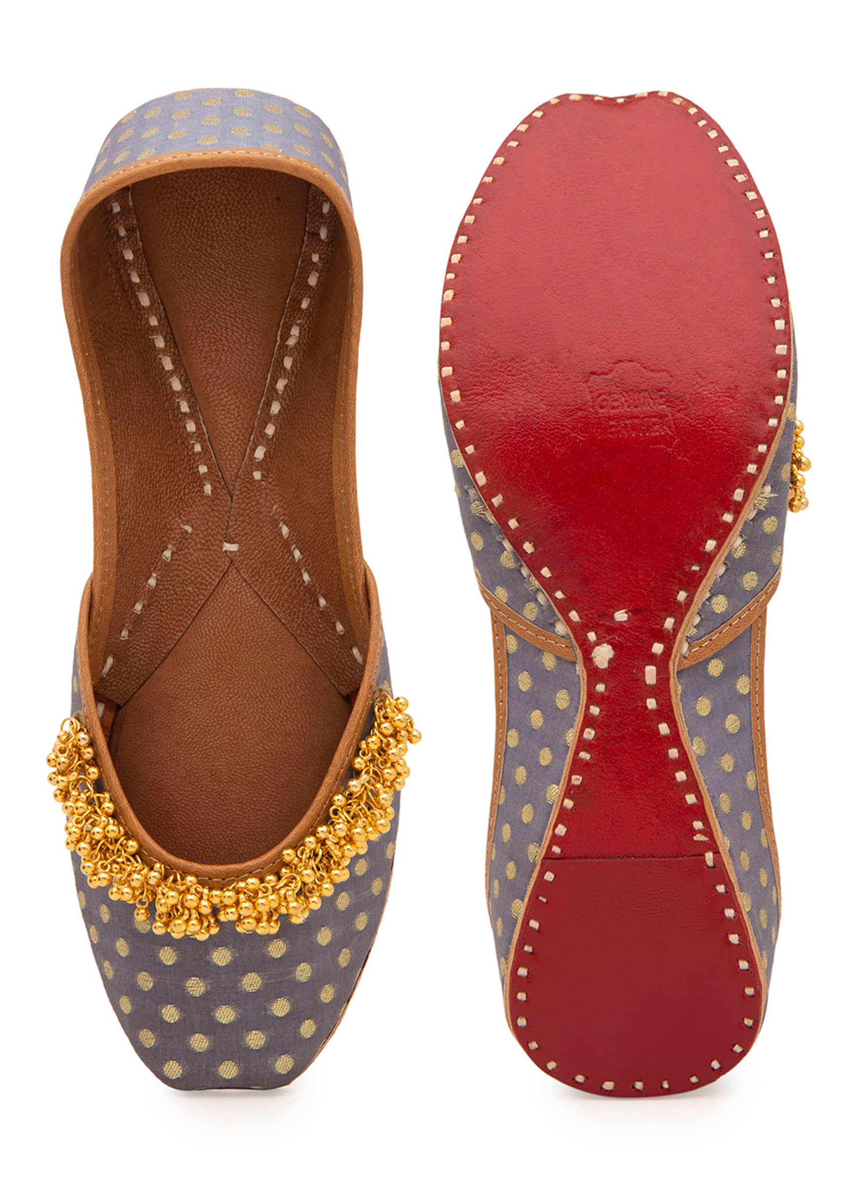 Grey Polka Dots Print Juttis In Silk With Ghungroo Embellishment And Leather Underlining