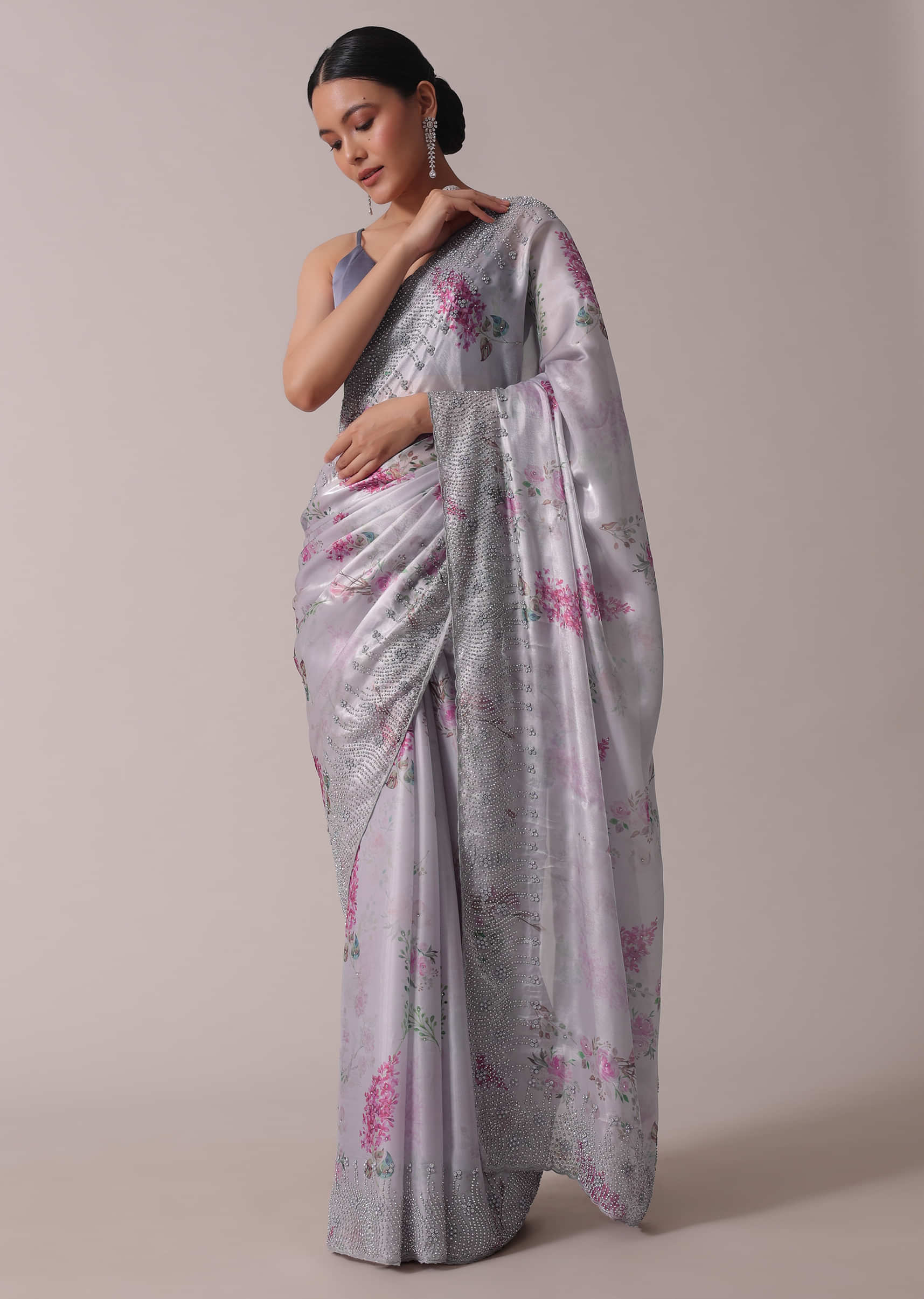 Grey Printed Festive Saree With Embroidery In Satin Organza