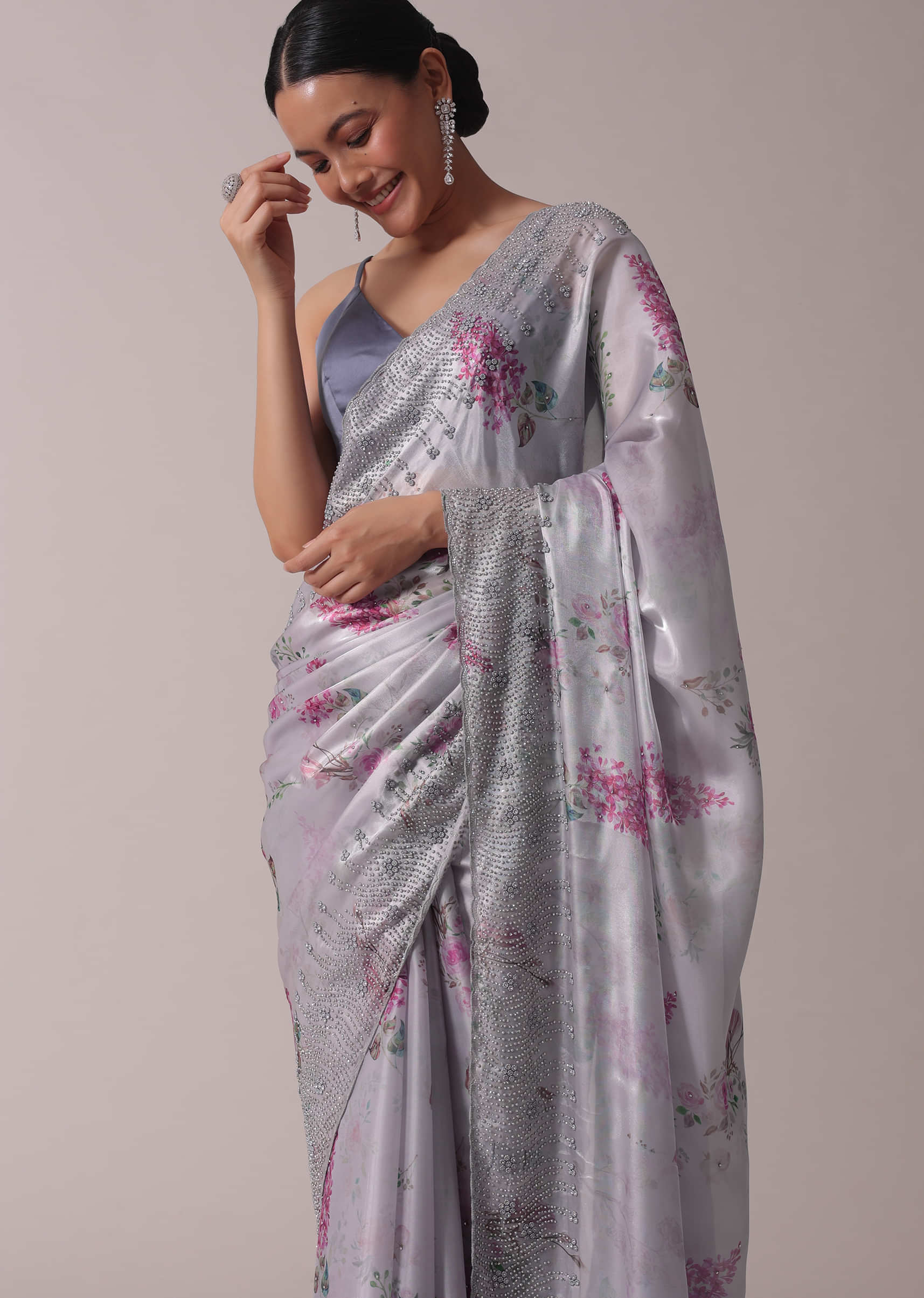 Grey Printed Festive Saree With Embroidery In Satin Organza