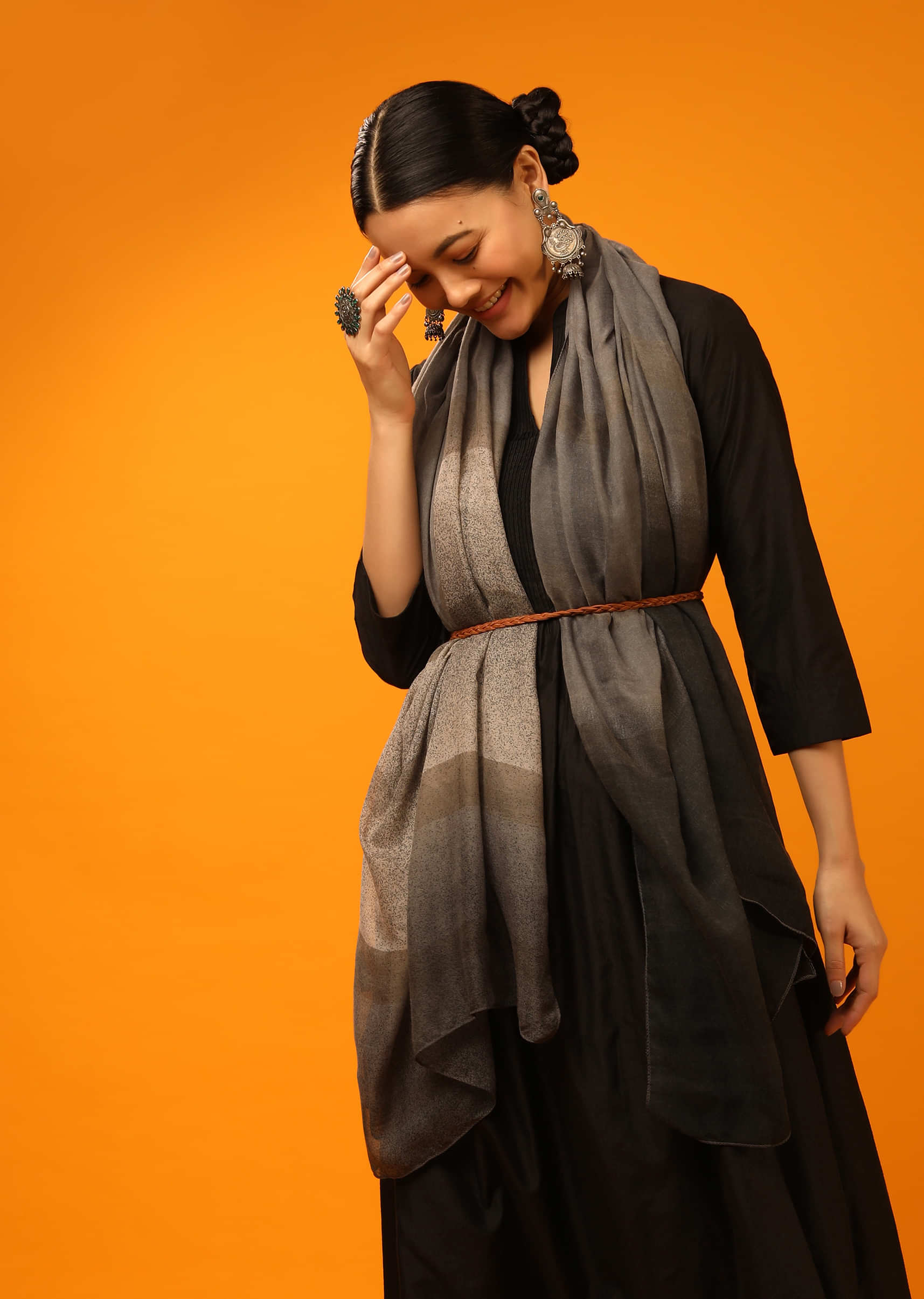 Grey Shaded Scarf In Cotton Blend With Striped Print Online - Kalki Fashion