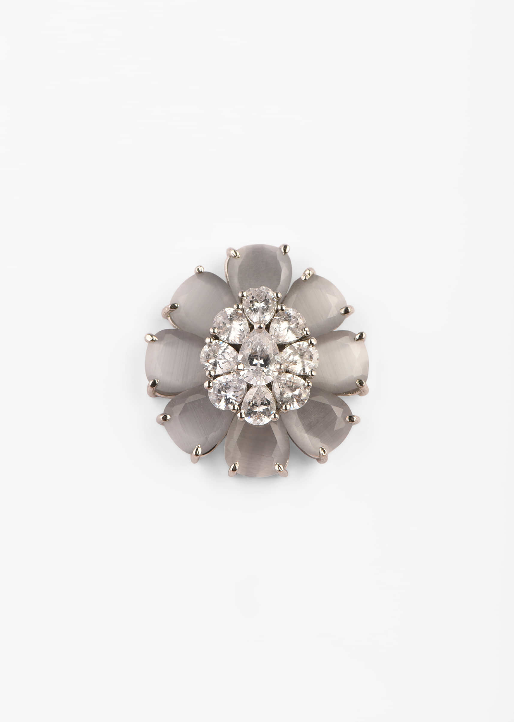 Grey Stone Studded Floral Stud Earrings With Swarovski In The Centre 