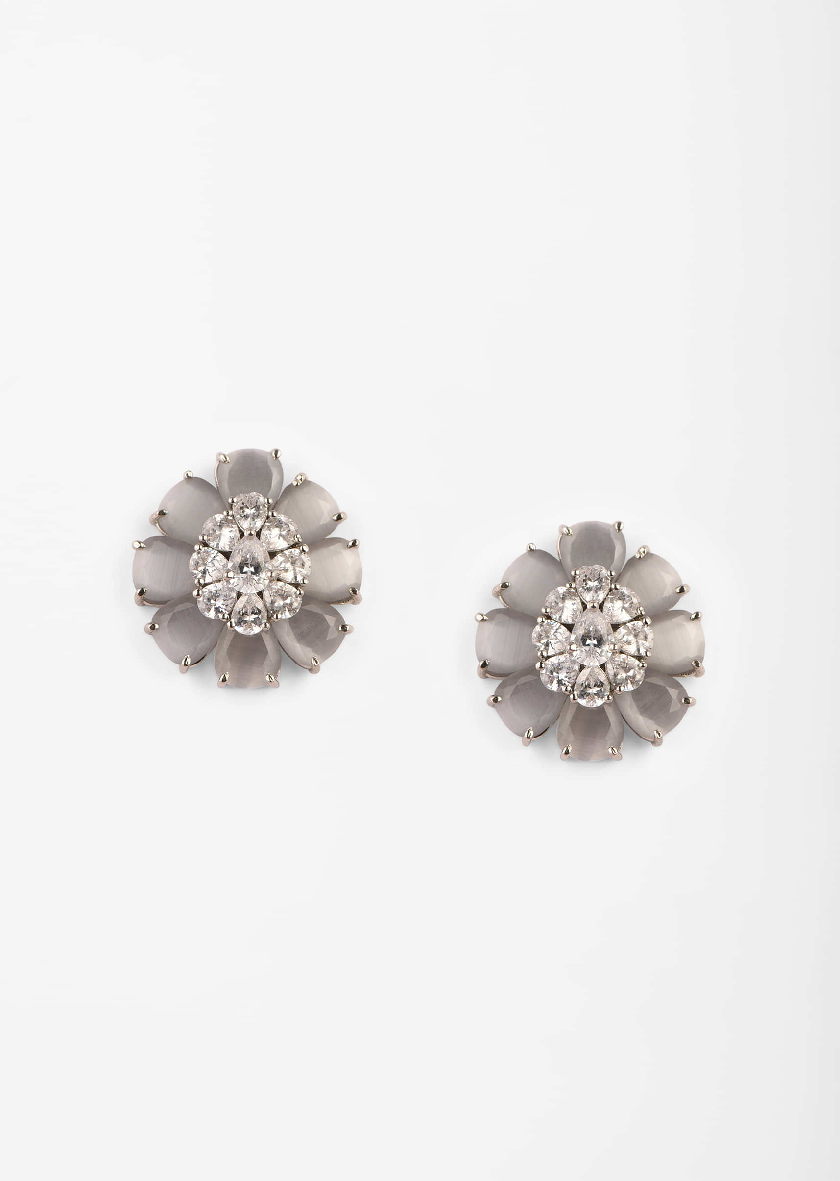 Grey Stone Studded Floral Stud Earrings With Swarovski In The Centre 